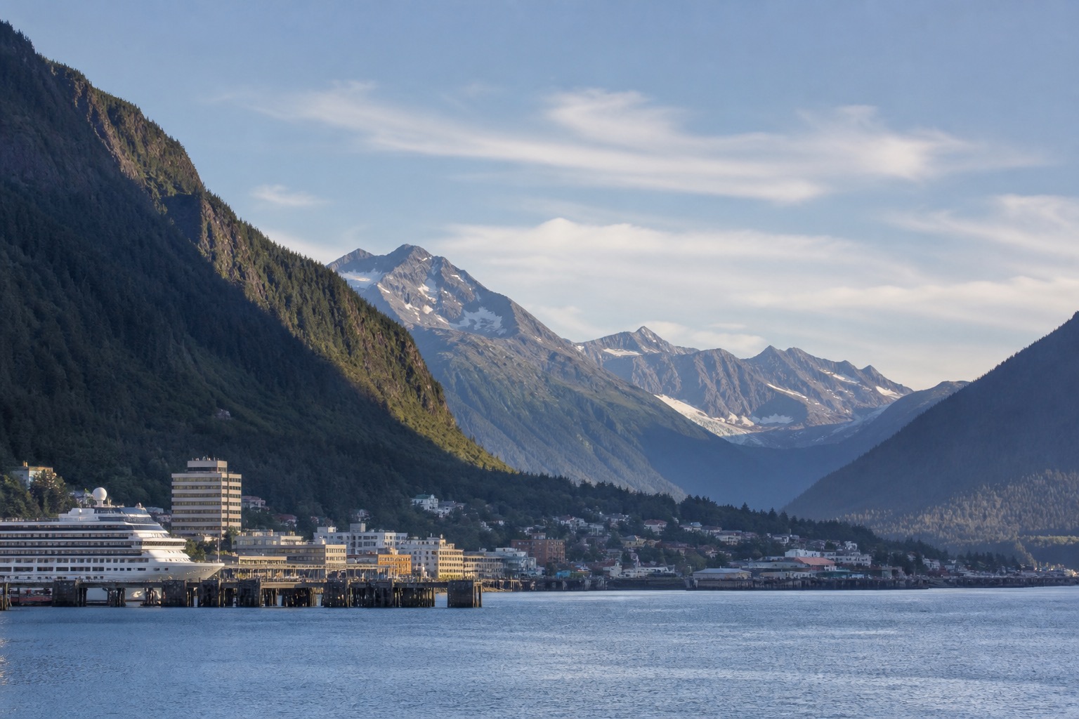 Juneau waterfront and Gastineau Channel framed by steep forested mountains