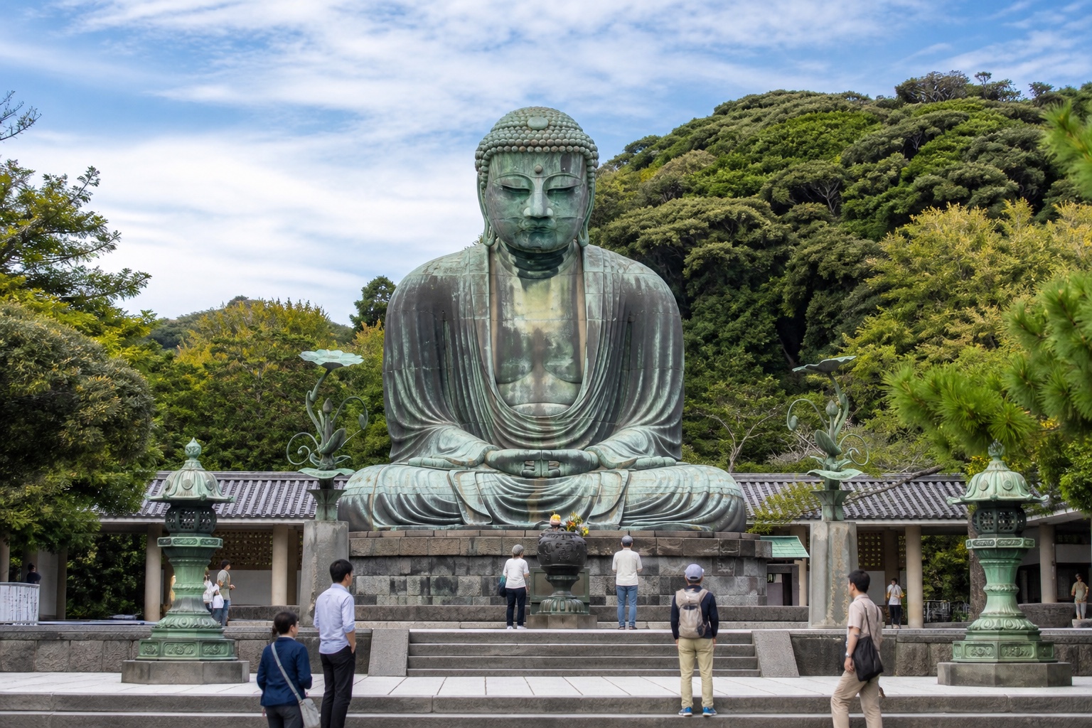 The Great Buddha of Kamakura in its open temple grounds with visitors and coastal greenery