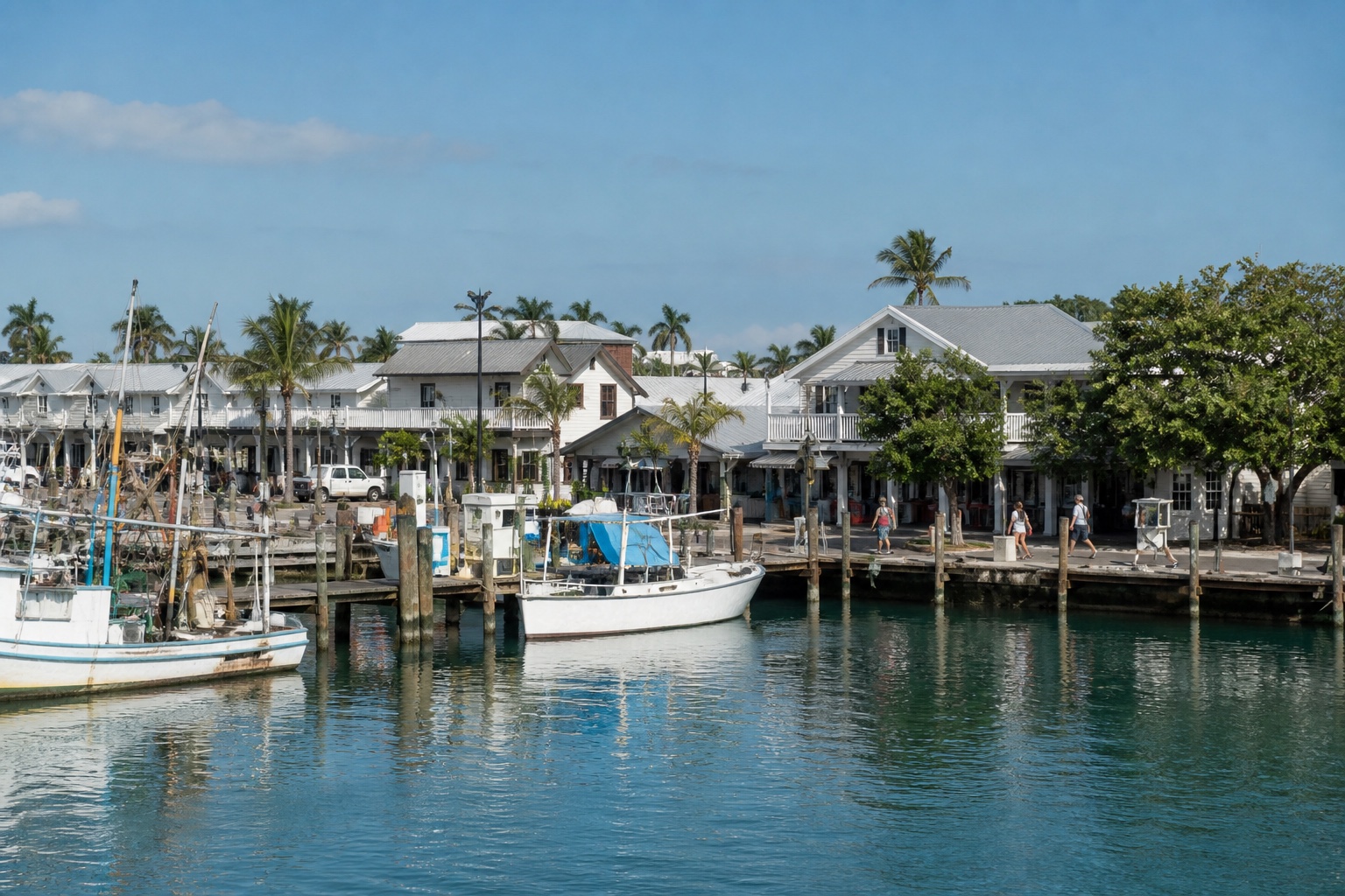 Working boats and low historic buildings along Key West's seaport in clear morning light