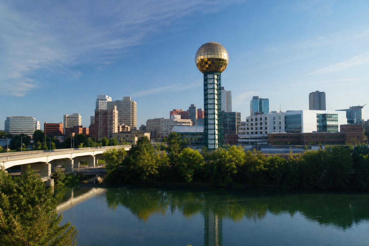 Knoxville skyline, Sunsphere and Tennessee River in clear natural morning light
