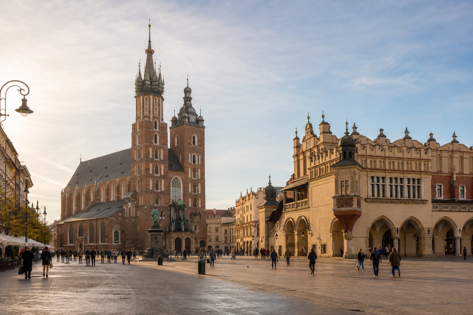 Kraków Main Market Square, St Mary's towers, and historic rooftops in clear morning light