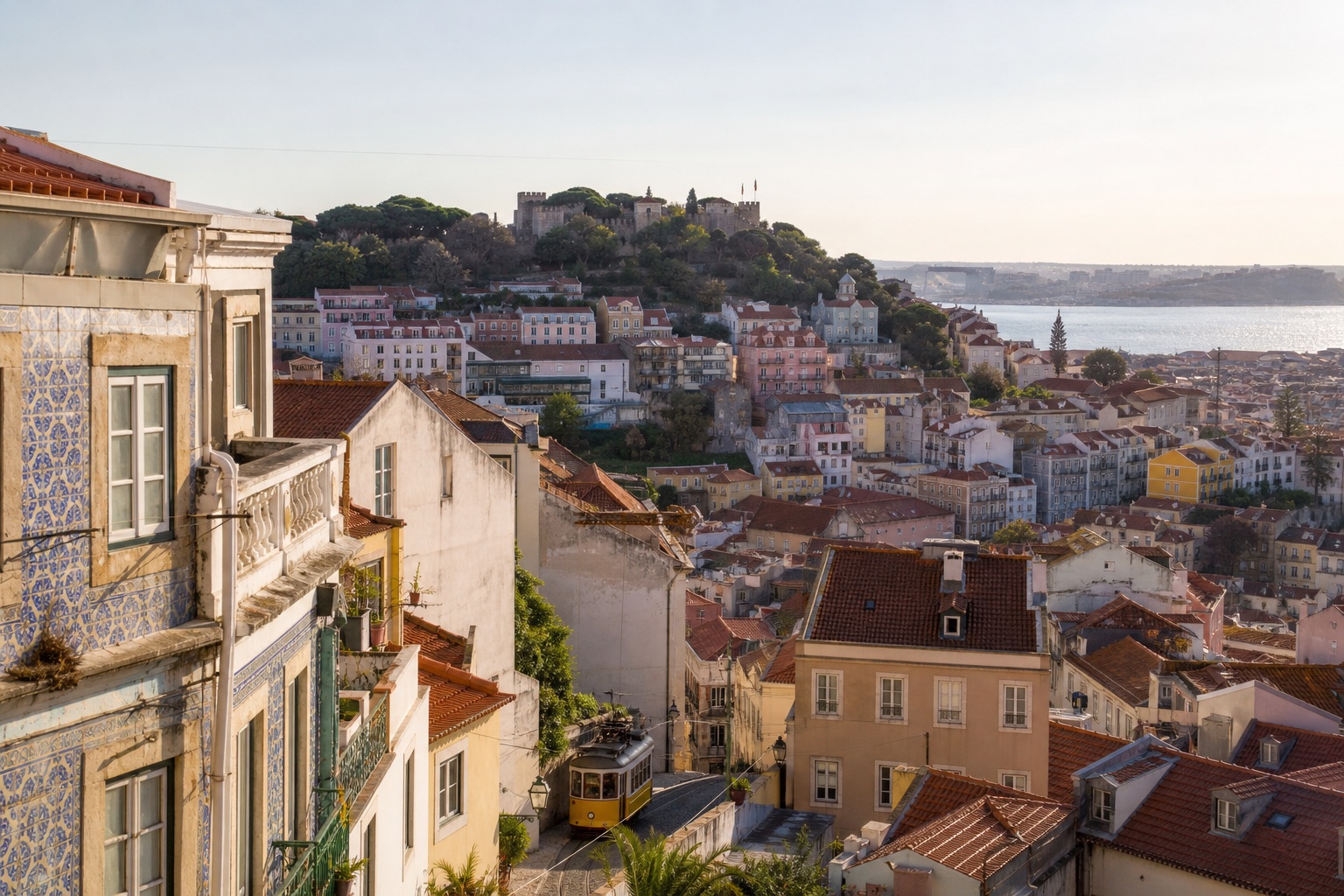 Alfama rooftops, tiled facades, Sao Jorge Castle, and the Tagus in morning light