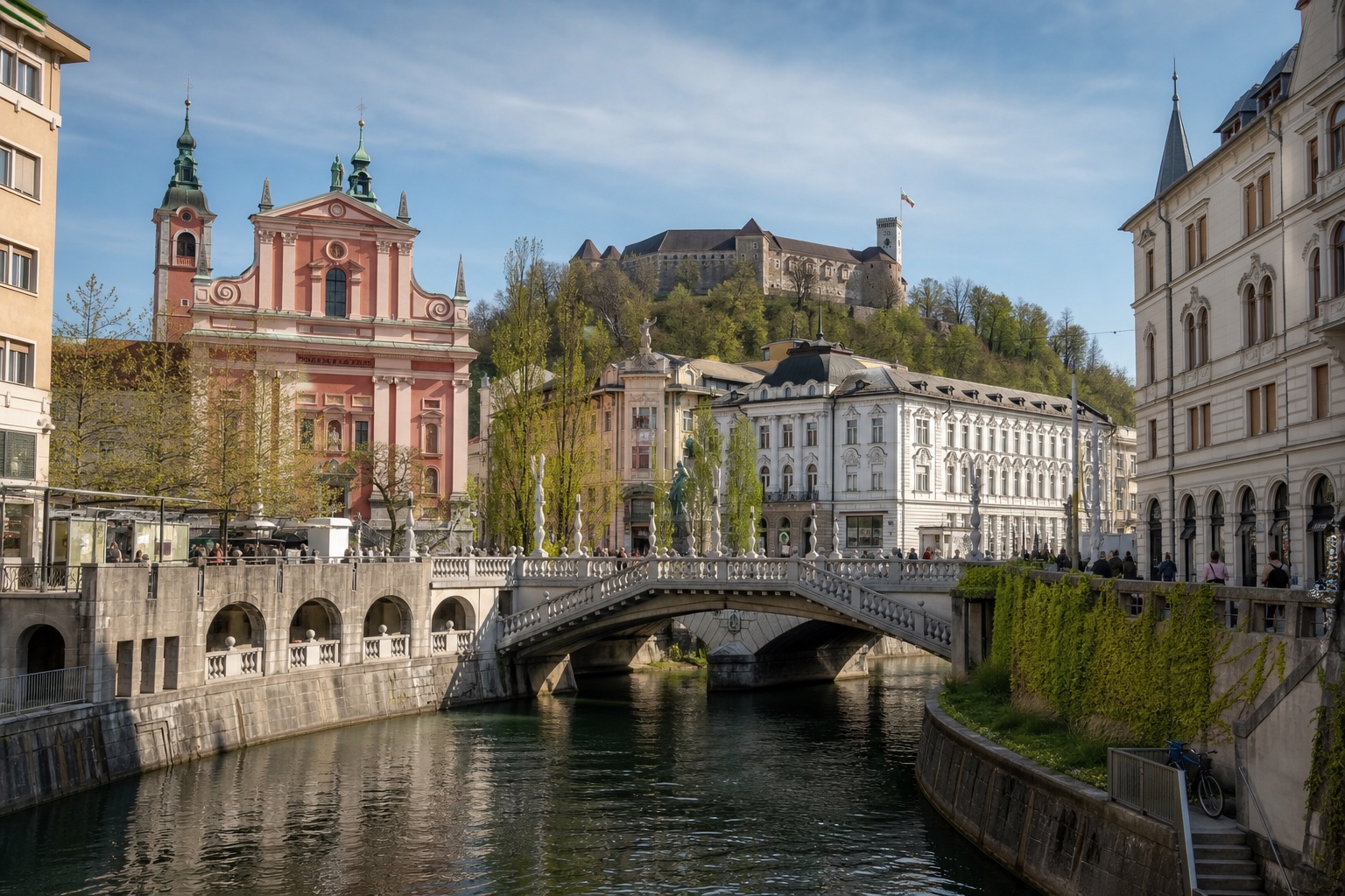 Ljubljana's river, central bridges, historic facades, and castle hill in clear light