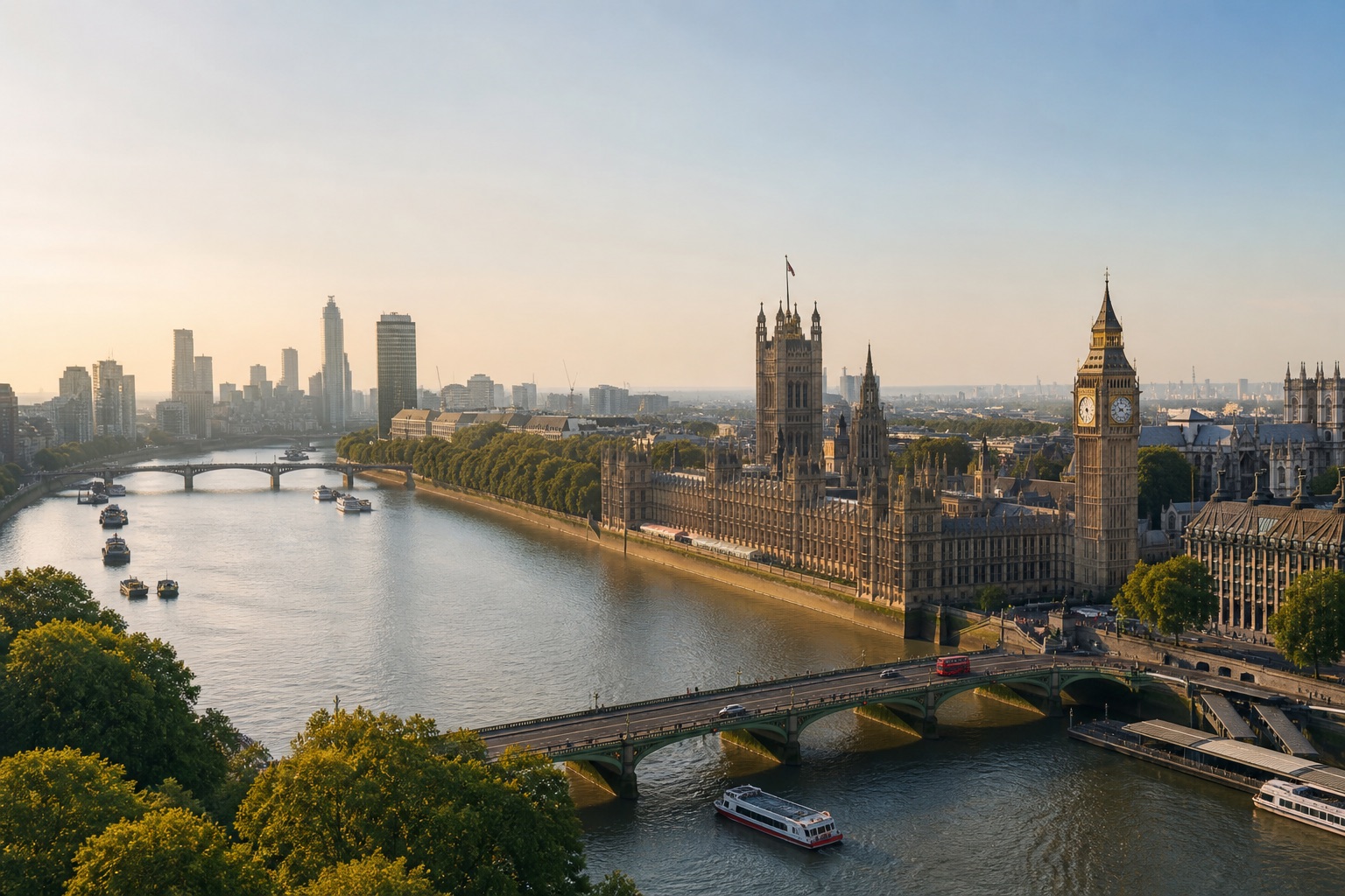 The River Thames beside Westminster and the Elizabeth Tower in morning light