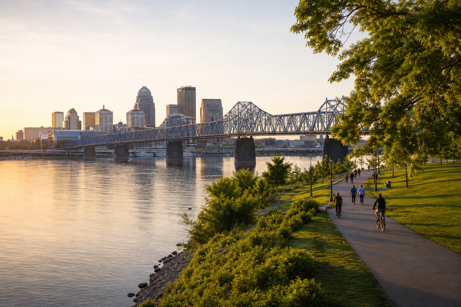 Louisville skyline and Big Four Bridge across the Ohio River beside green Waterfront Park