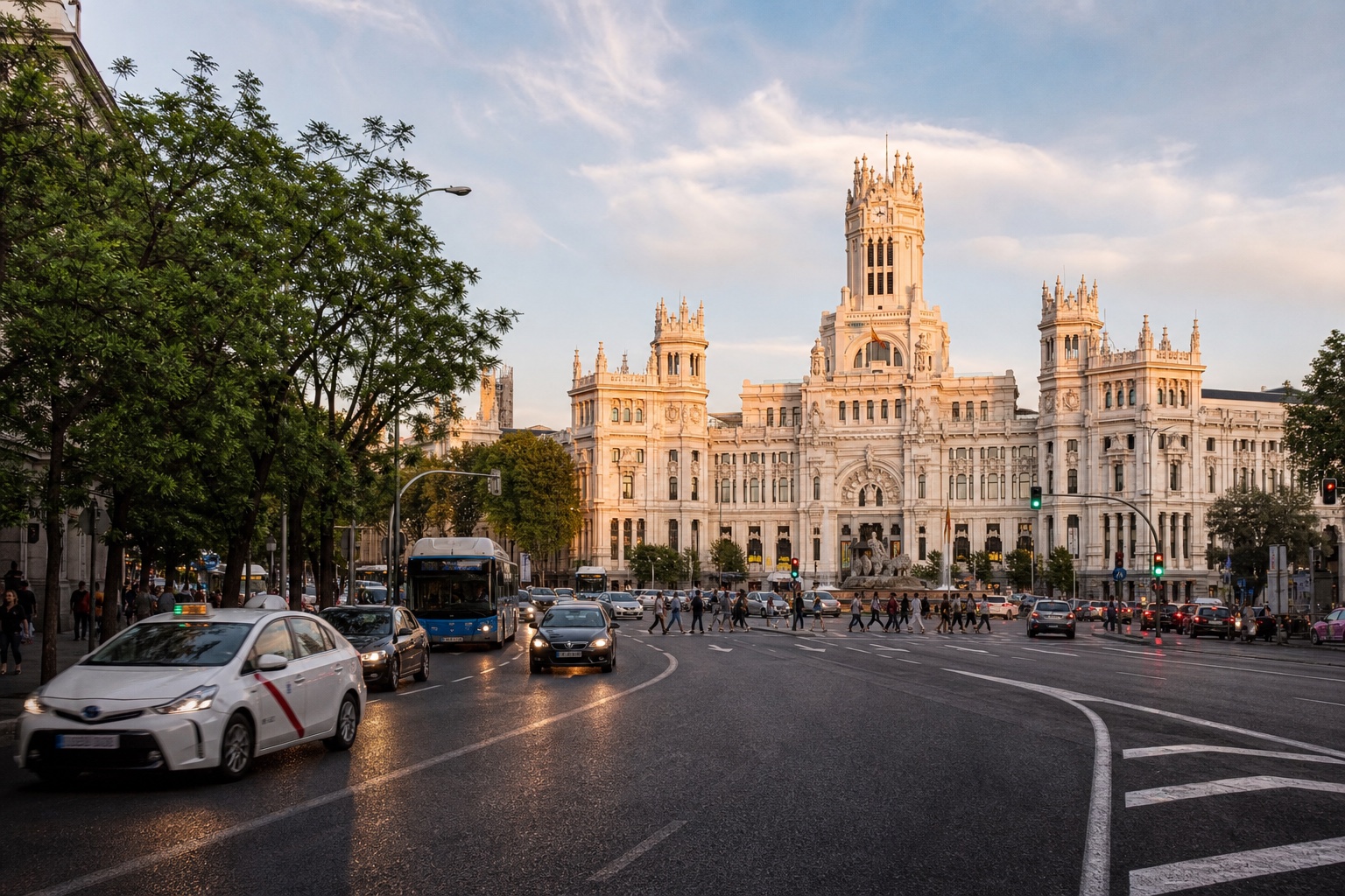 Evening traffic and pedestrians approaching the Palacio de Cibeles in Madrid