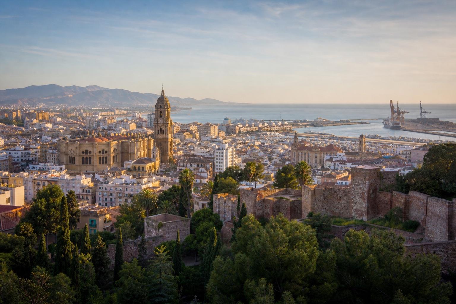 Málaga Alcazaba, cathedral, port, Mediterranean shore, and city under clear morning light