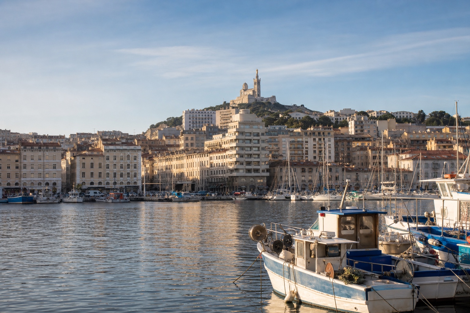 Marseille Vieux-Port, Notre-Dame de la Garde, boats, and Mediterranean city in clear daylight