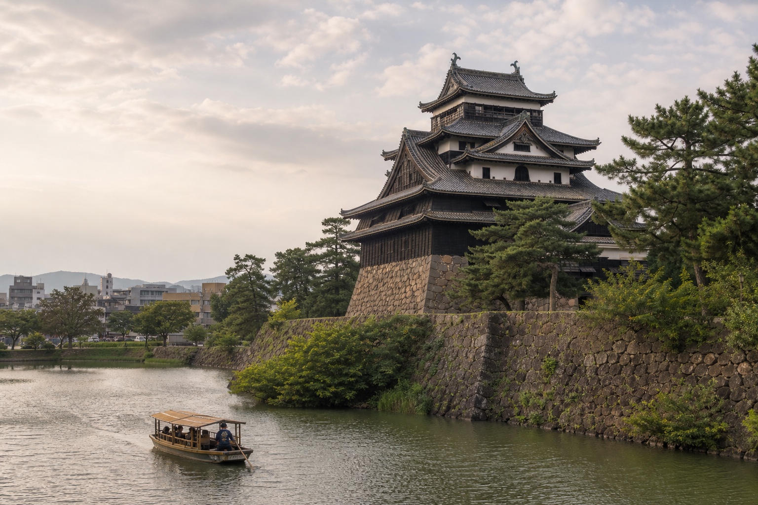 Matsue Castle's original black keep above its moat and wooded grounds near Lake Shinji