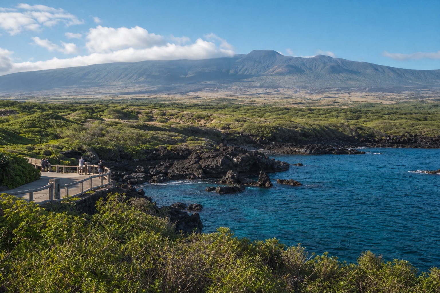 Maui's dark volcanic coast, Pacific water and green landscape below the broad slopes of Haleakalā