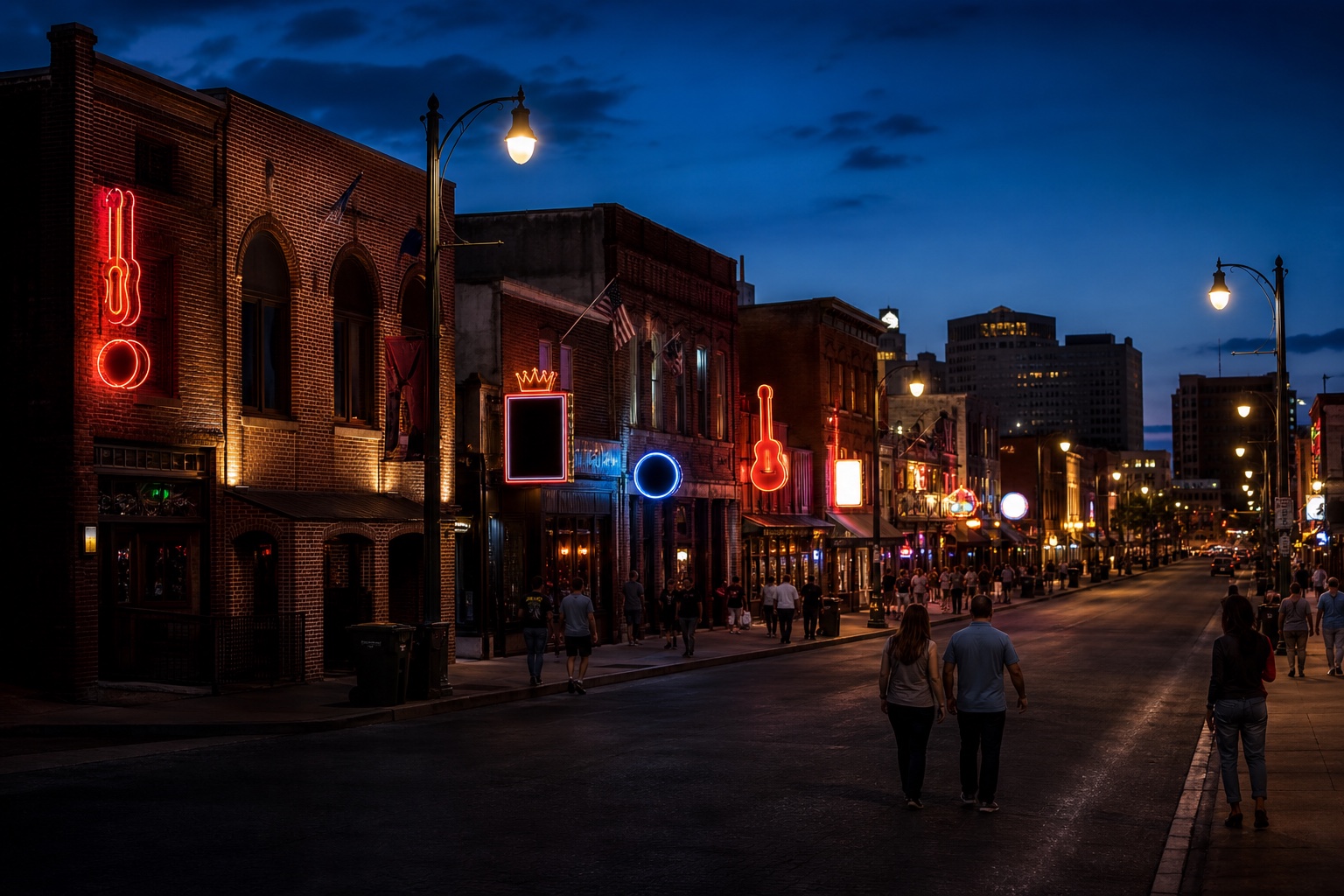Historic music-club facades and visitors along Beale Street in Memphis at blue hour
