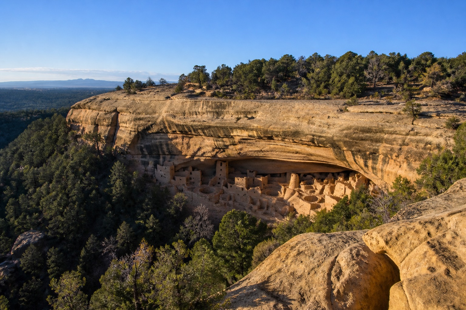 Mesa Verde cliff dwellings beneath sandstone alcoves in clear natural morning light
