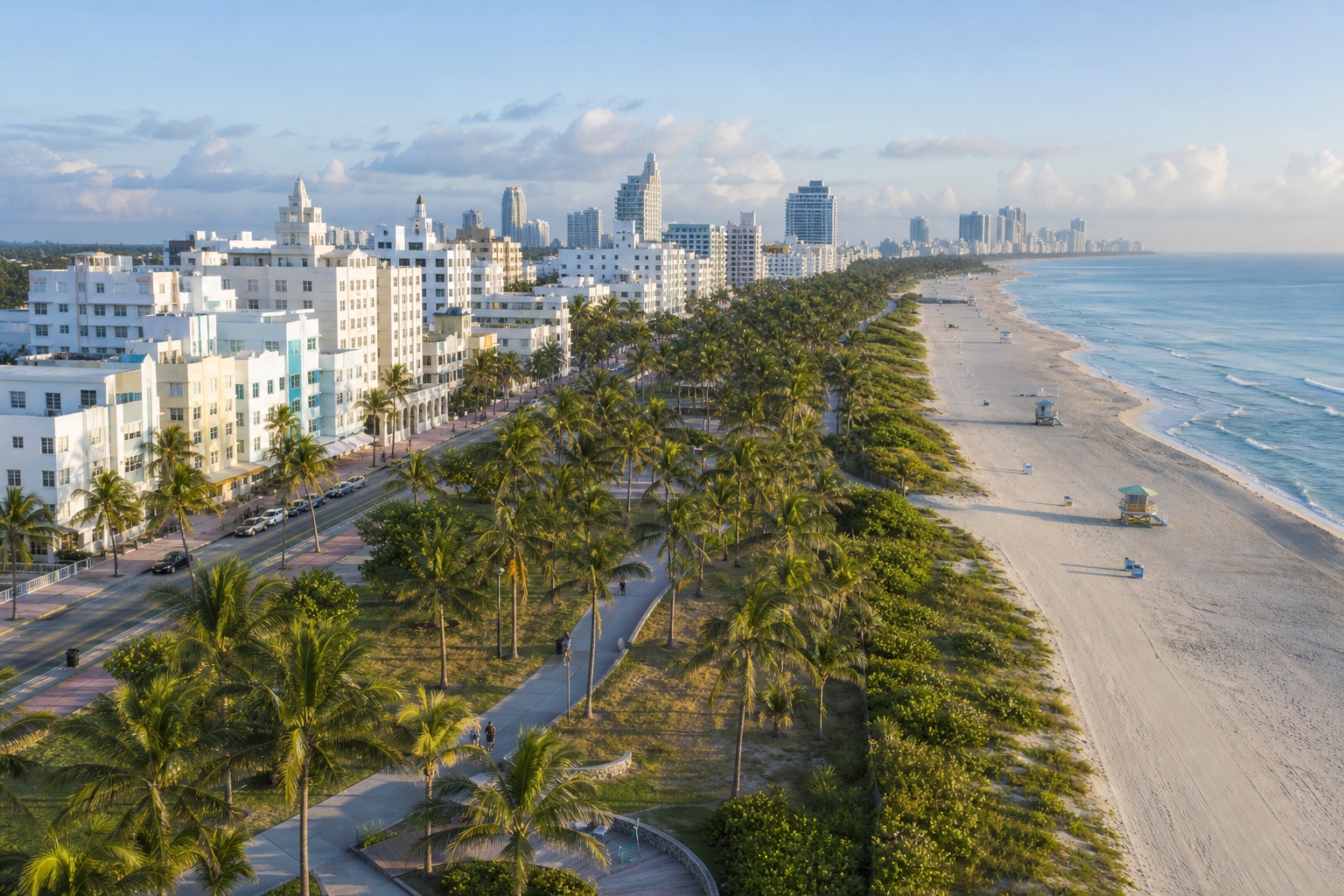 Miami Beach's Art Deco district, palms, beachfront park and Atlantic shore in clear morning light
