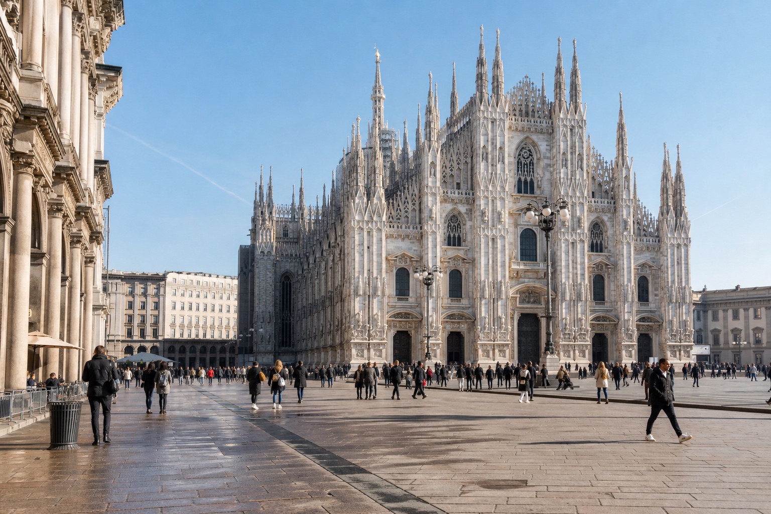 Milan Cathedral and ordinary morning movement across Piazza del Duomo
