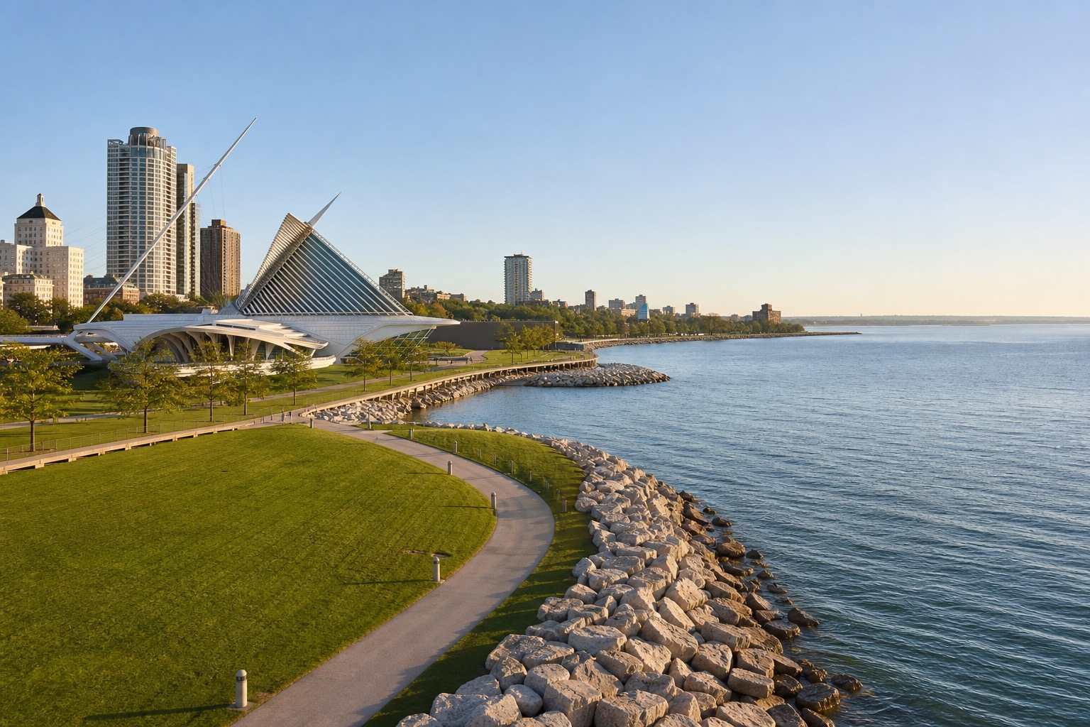 Milwaukee Art Museum and Lake Michigan waterfront in crisp morning light