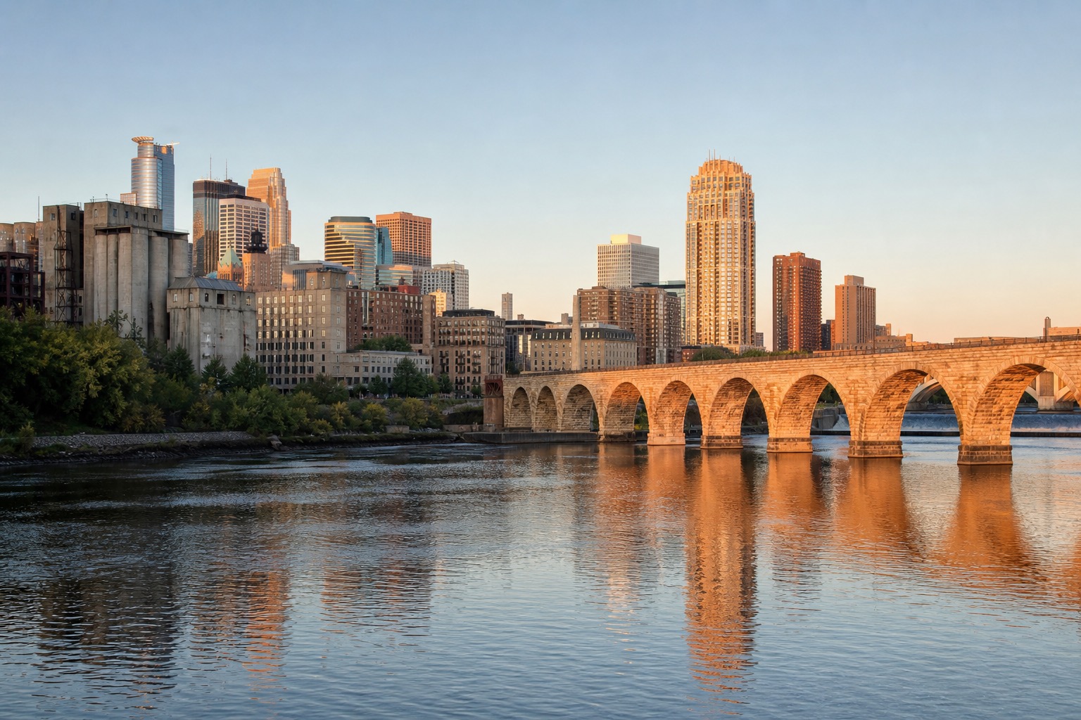 Minneapolis riverfront, Stone Arch Bridge and mill district in clear natural light