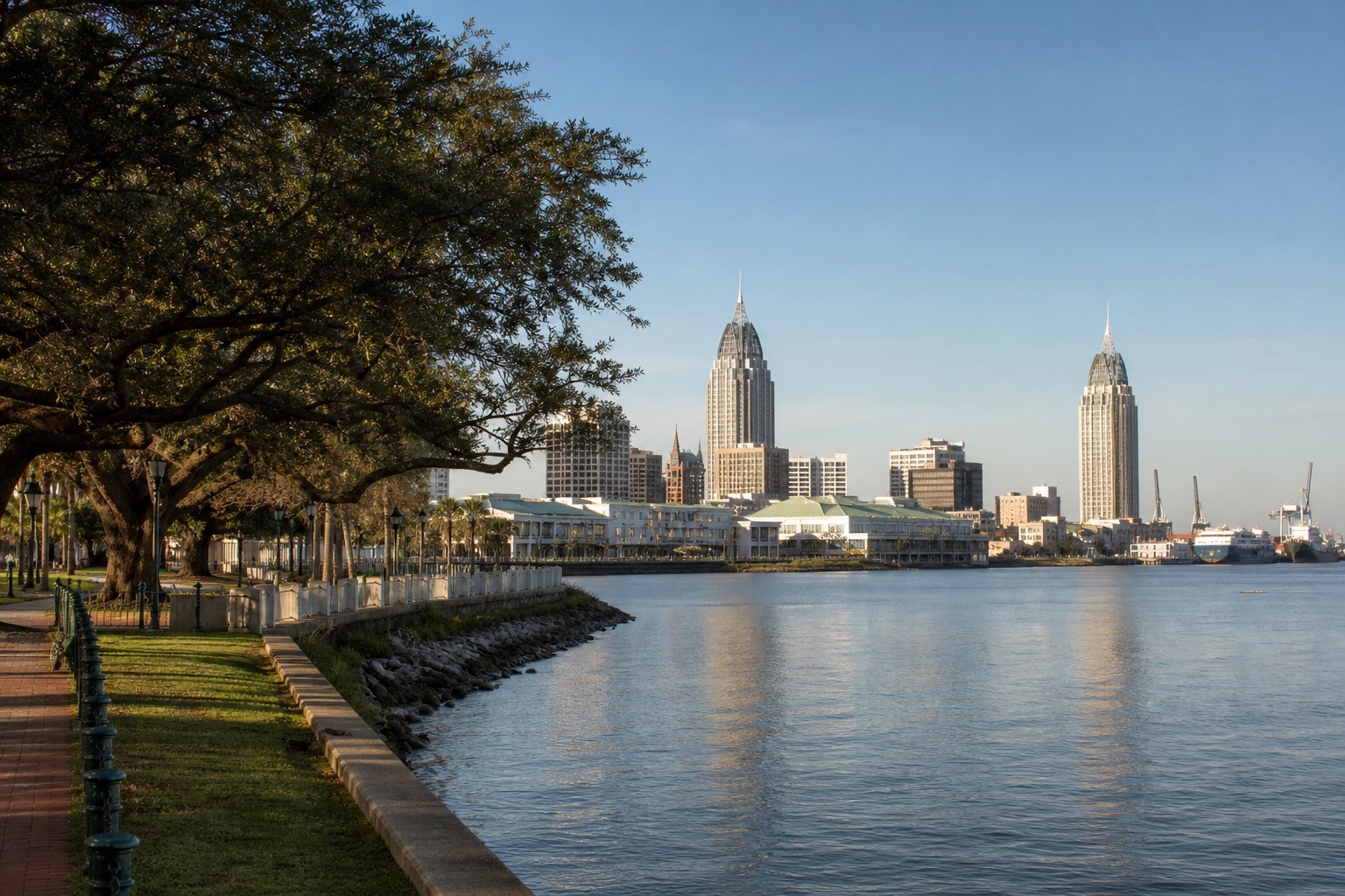 Mobile Alabama waterfront, historic downtown and live oaks in clear Gulf Coast morning light