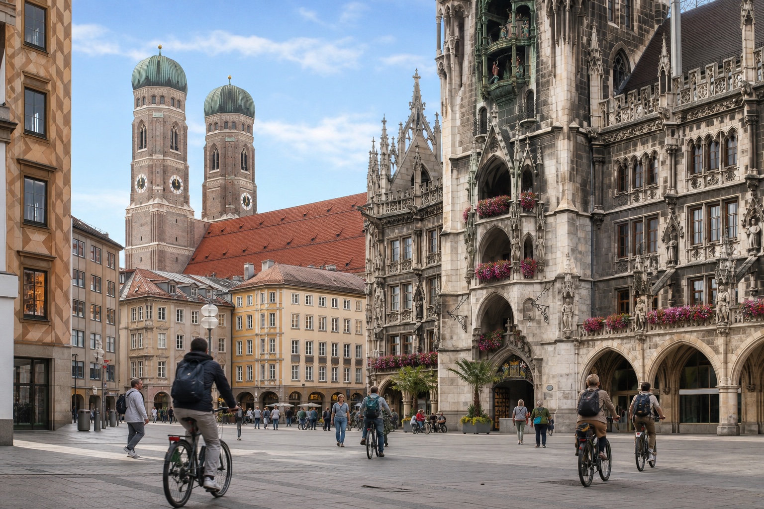 Munich's Marienplatz, historic town hall, Frauenkirche towers, pedestrians, and cyclists