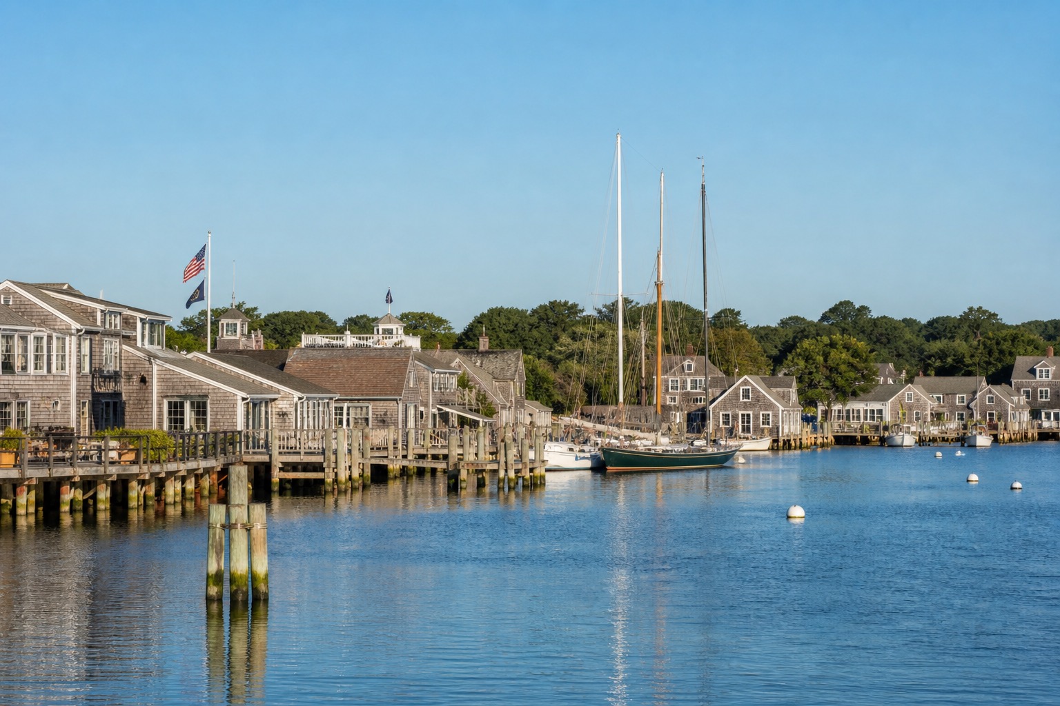 Nantucket harbor, weathered gray buildings and sailboats in clear coastal morning light