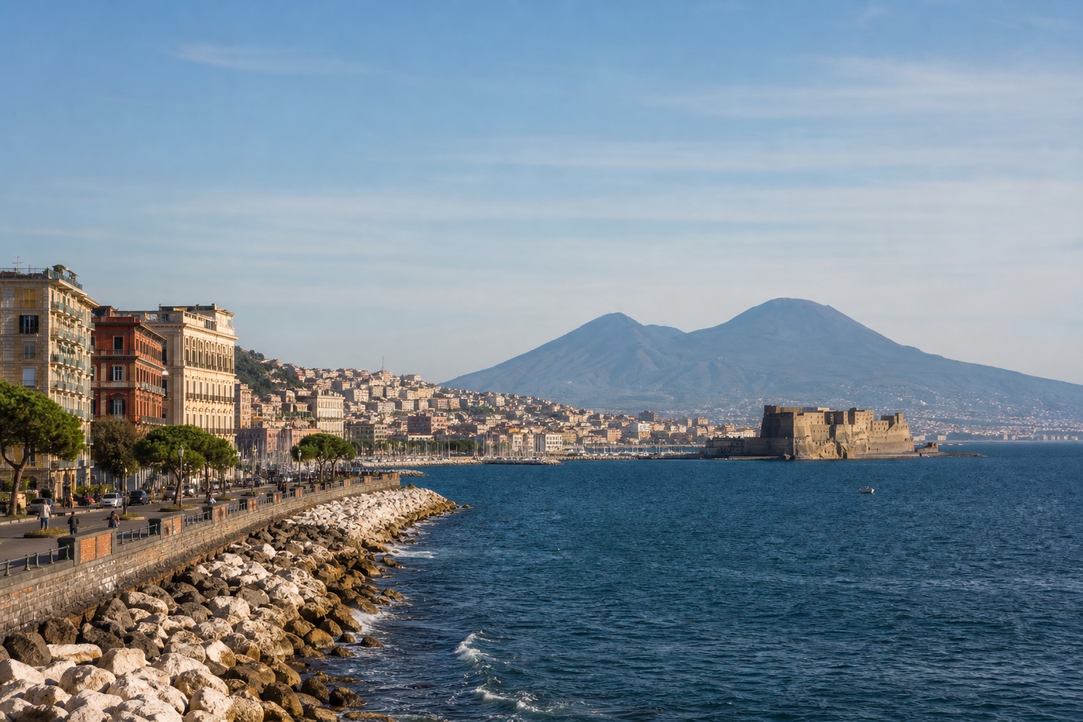 Naples waterfront, Castel dell'Ovo, and Mount Vesuvius across the bay