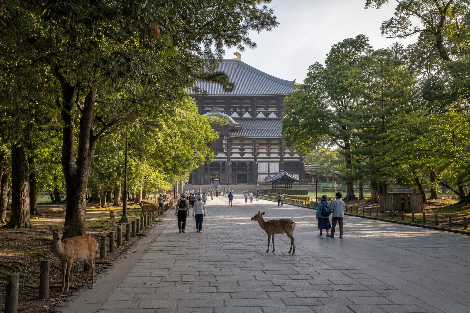 Tōdai-ji temple approached through Nara Park with deer and ordinary morning visitors