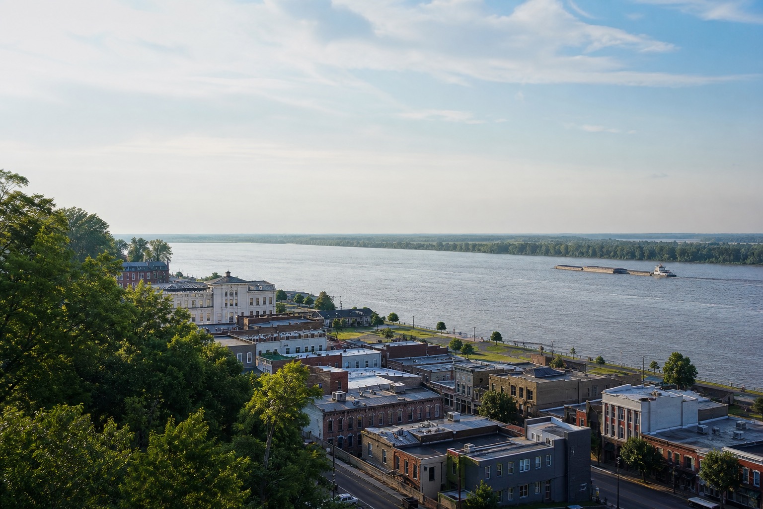 Natchez bluff above the Mississippi River with historic streets in restrained morning light
