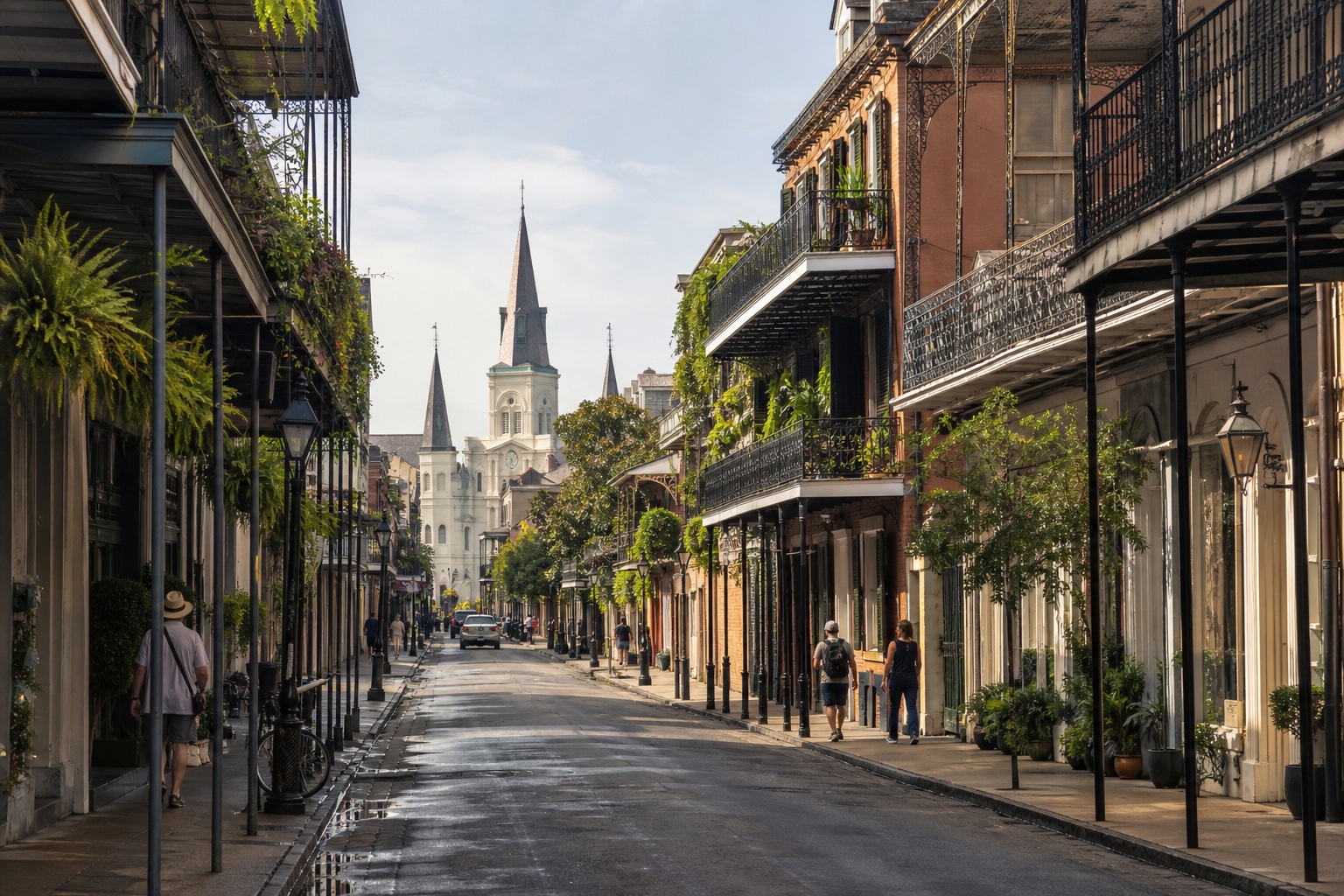 A lived-in French Quarter street with cast-iron balconies leading toward St. Louis Cathedral