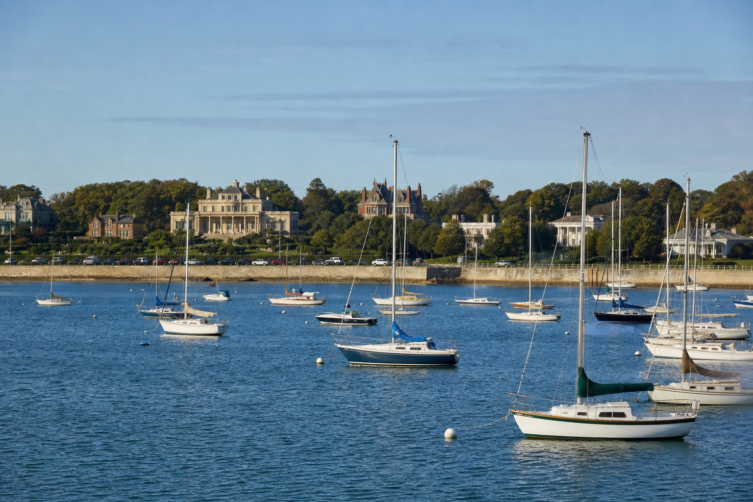 Newport Rhode Island harbor with sailboats, historic waterfront and coastal mansions beyond