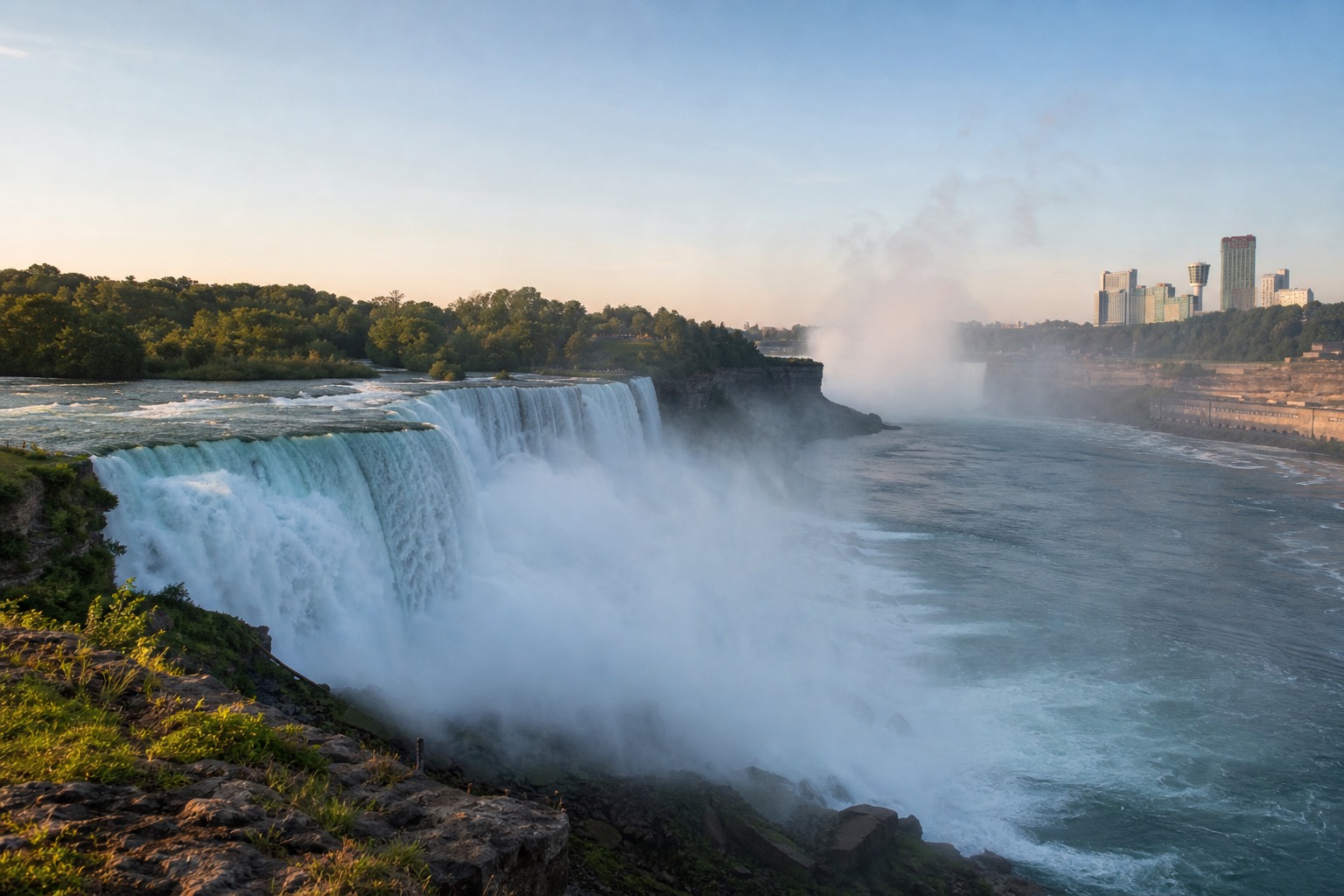 Niagara Falls from a broad lawful overlook with mist and the Niagara River in natural light