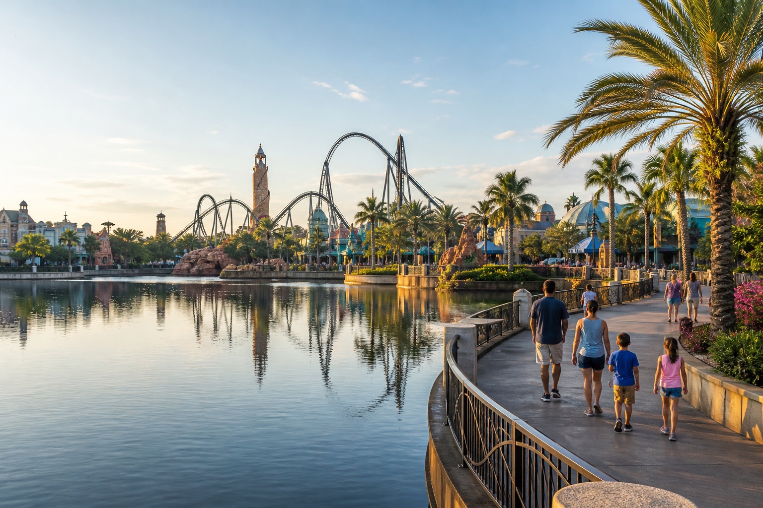 Families walking beside a lagoon and roller coasters in Orlando's theme-park district