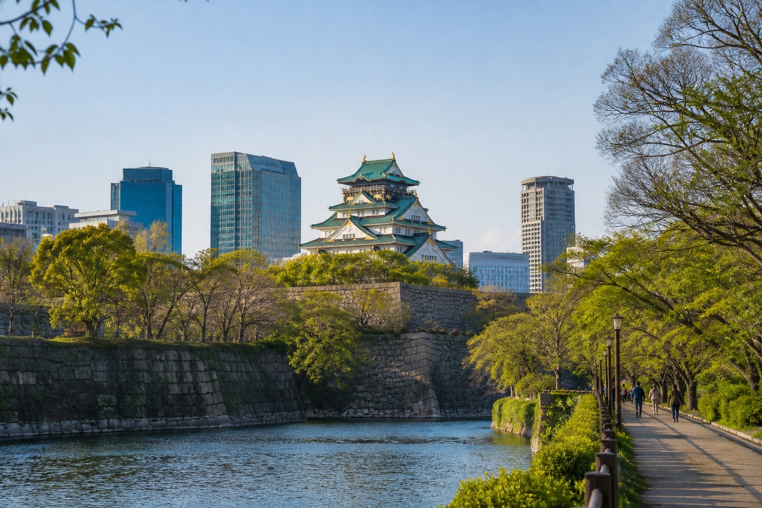Osaka Castle across its moat and park with the modern city beyond
