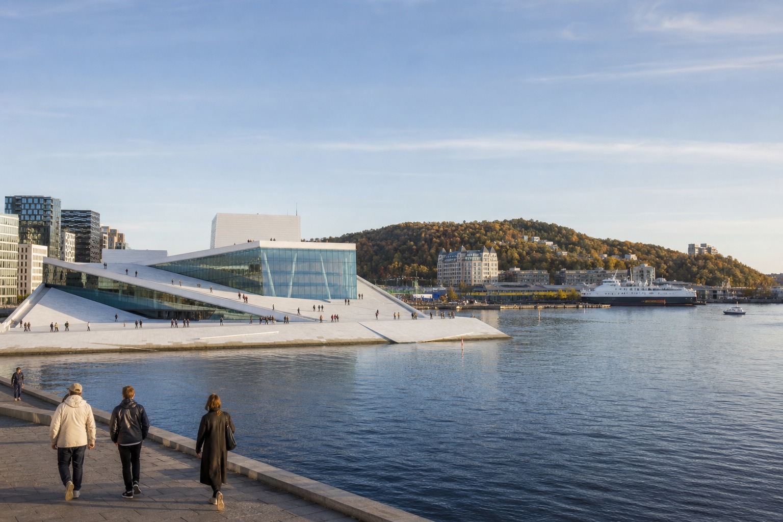Oslo Opera House, waterfront, fjord, and ordinary city movement in clear light