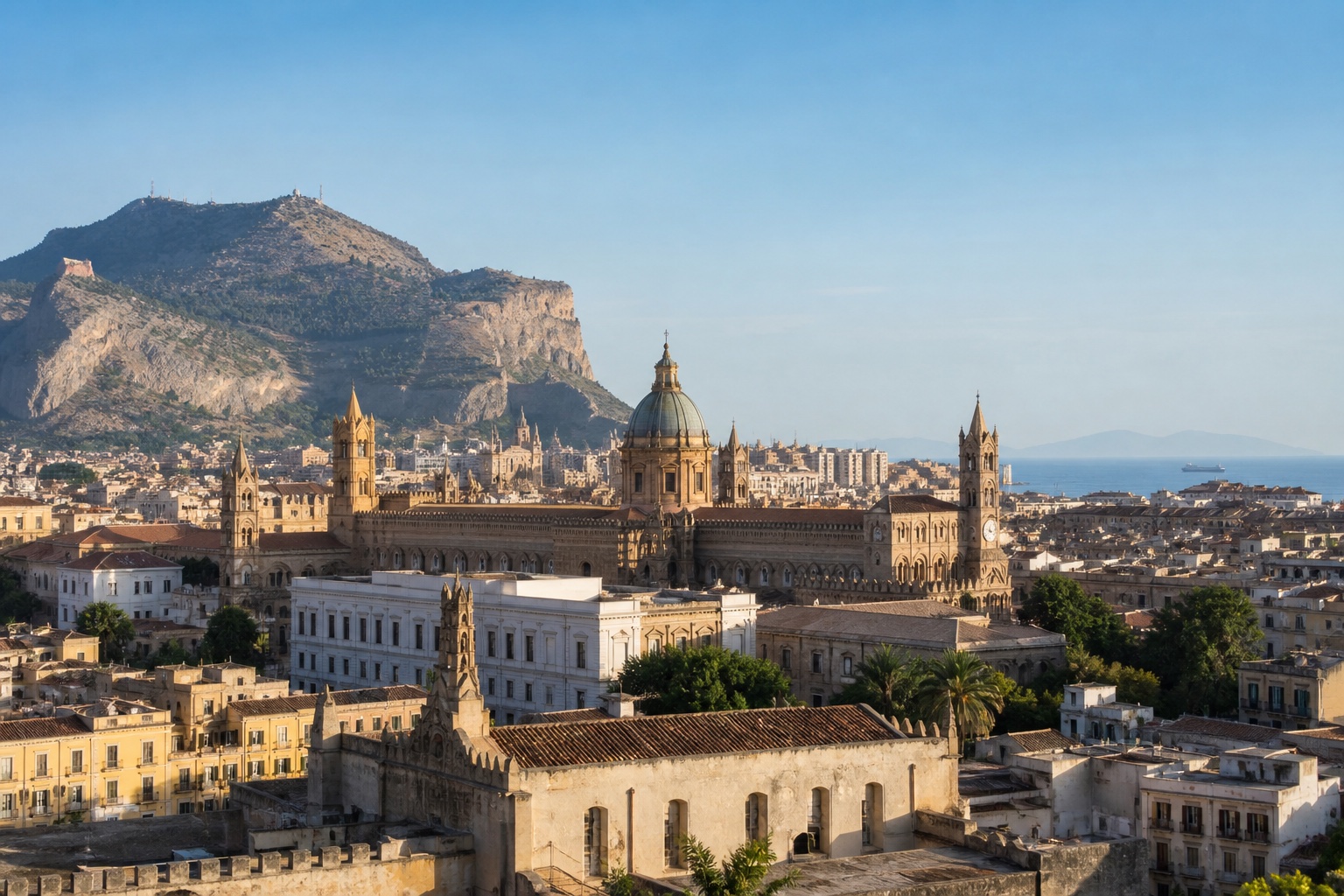 Palermo cathedral, historic rooftops, Monte Pellegrino, and the Mediterranean in warm daylight