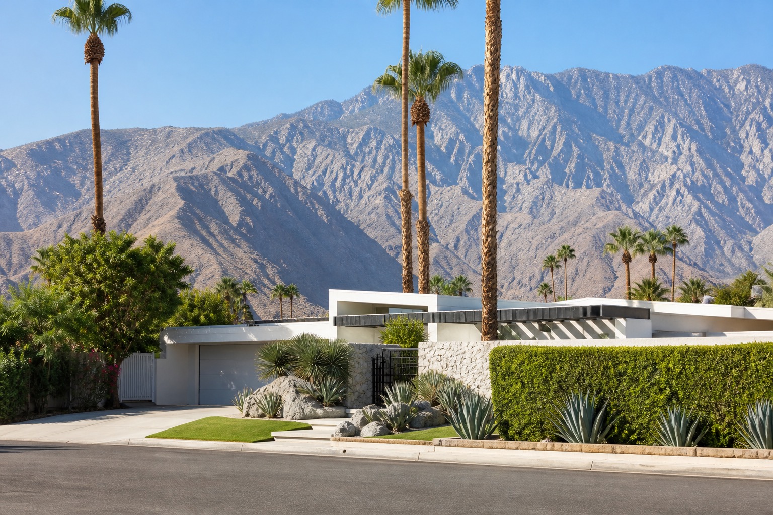 Palm Springs modernist homes, palms and the San Jacinto Mountains in clear desert light