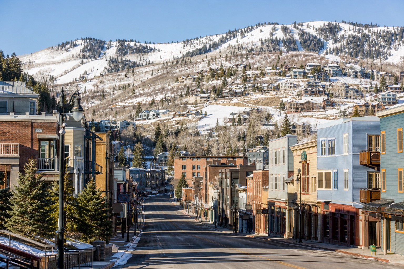 Historic Park City Main Street rising toward snow-dusted Wasatch slopes