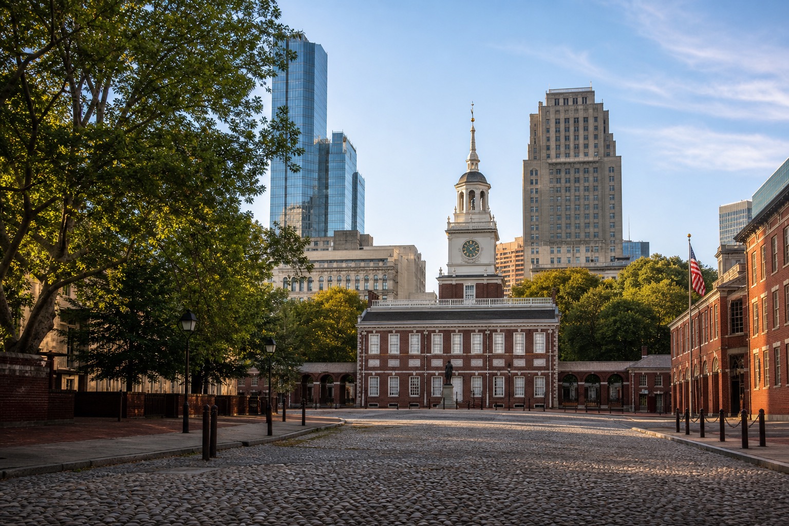 Philadelphia's Independence Hall area with brick streets and the modern skyline beyond