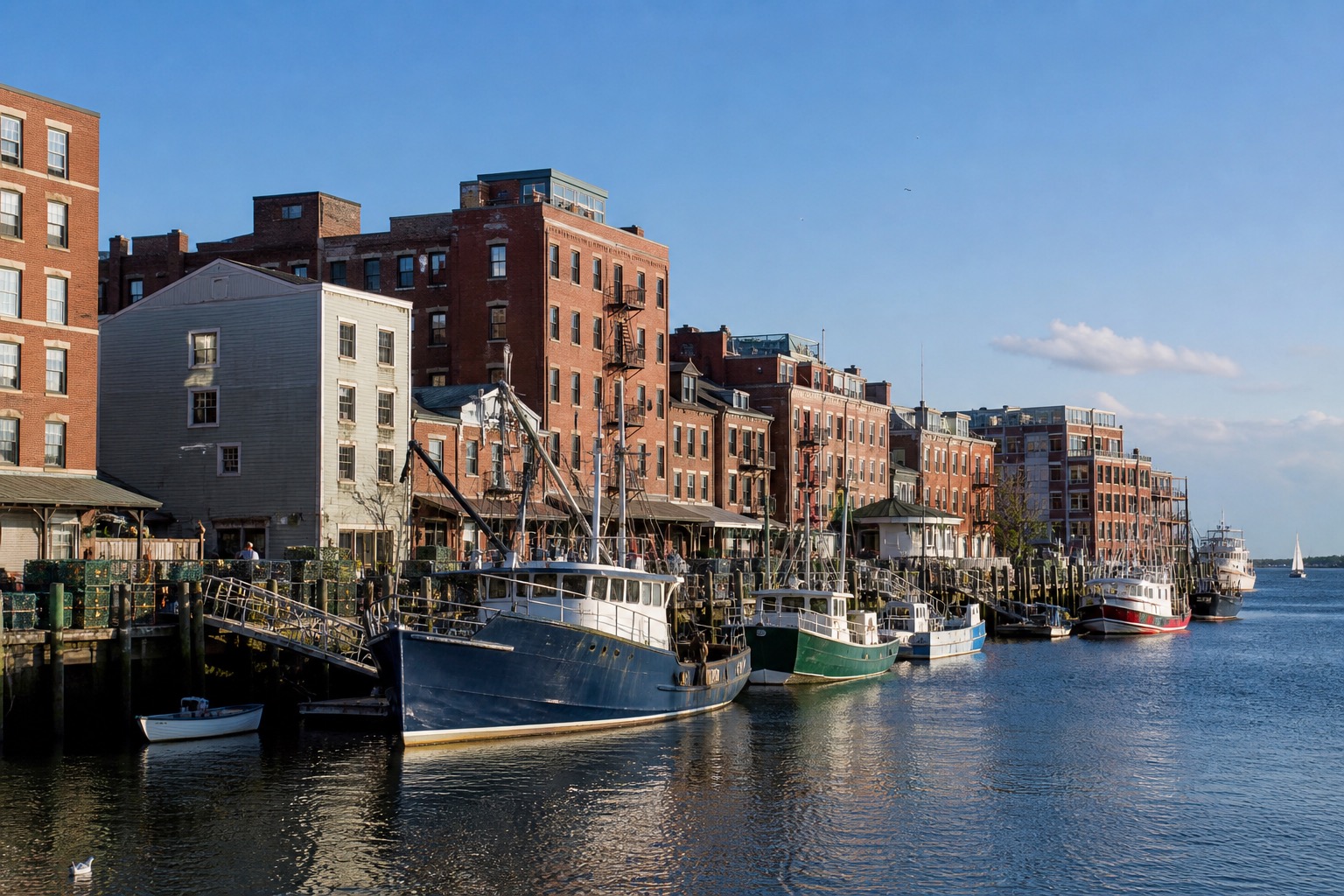 Portland Maine working waterfront and Old Port brick buildings in clear coastal morning light