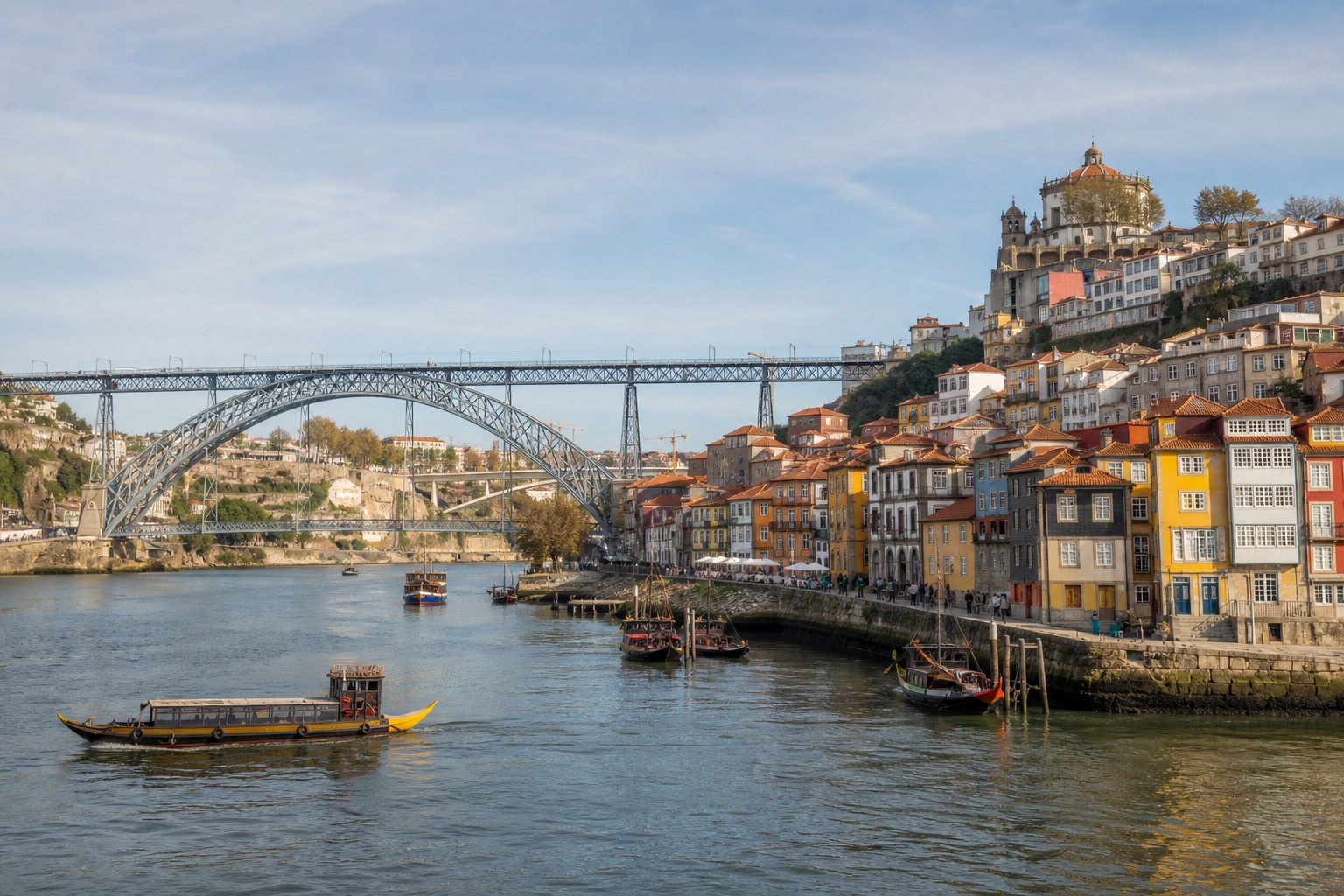 Porto's Ribeira facades and the Dom Luís I Bridge above the Douro River