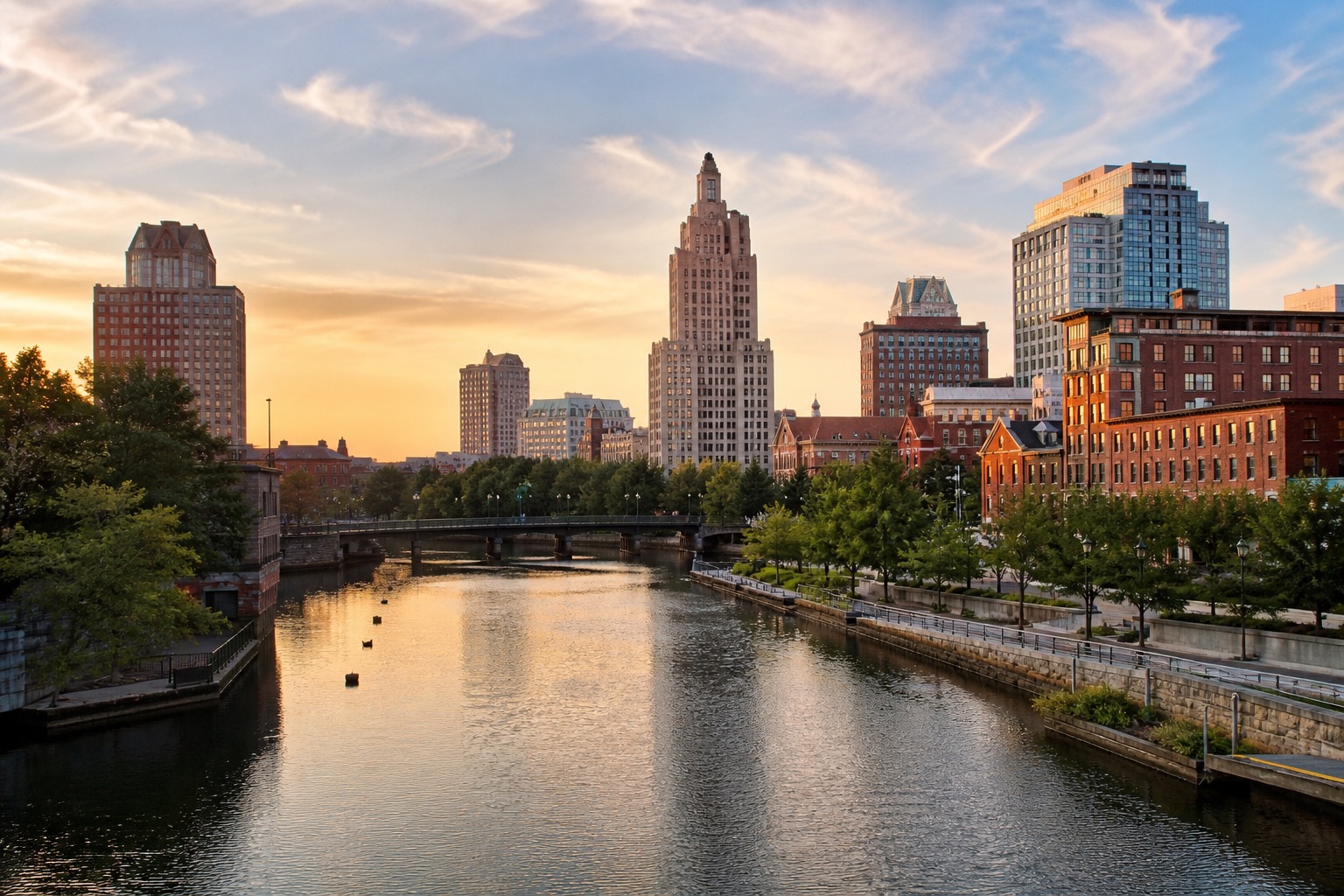 Providence riverfront and College Hill architecture in warm natural evening light