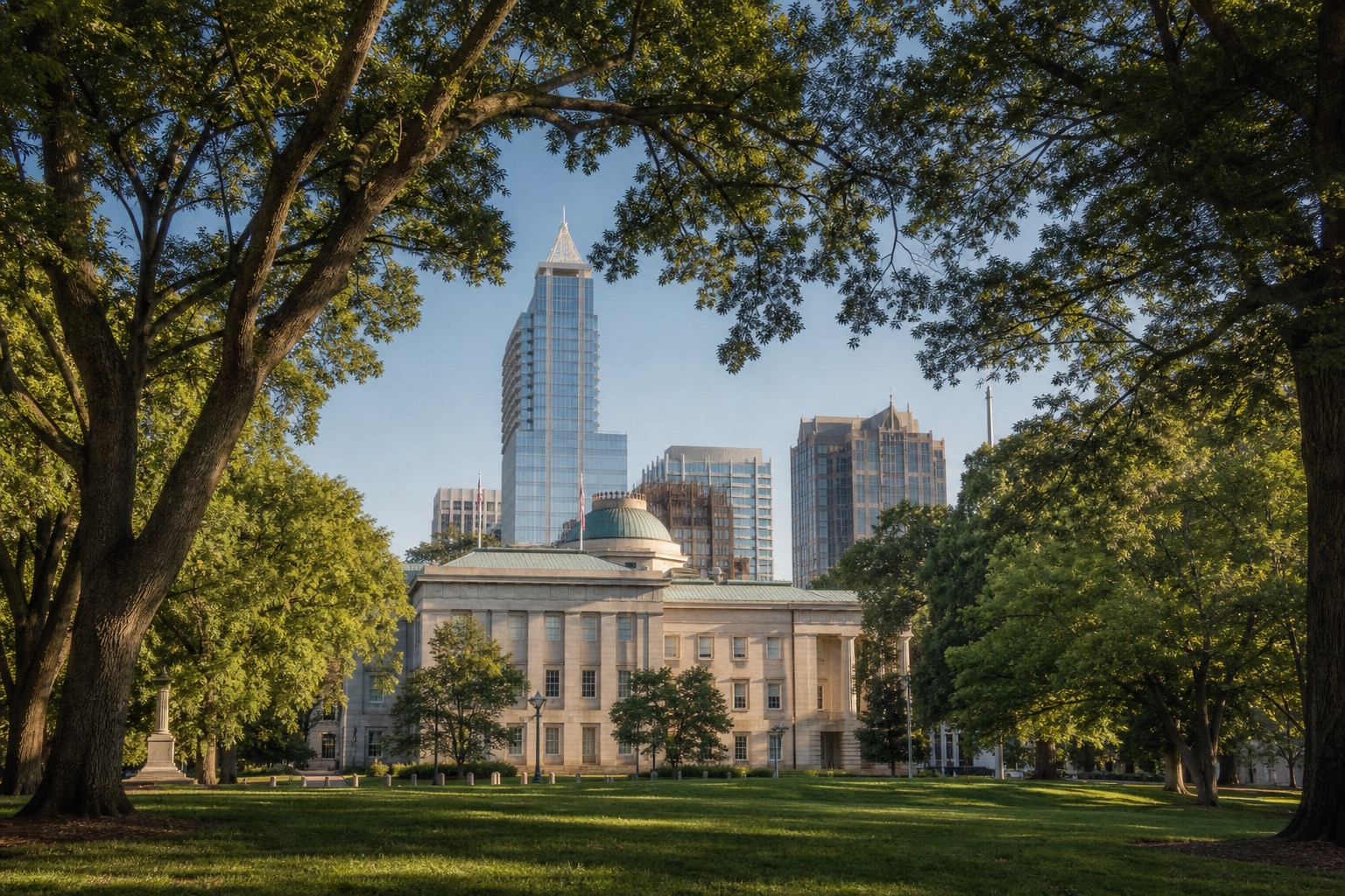 Raleigh North Carolina capitol and downtown framed by mature oak trees