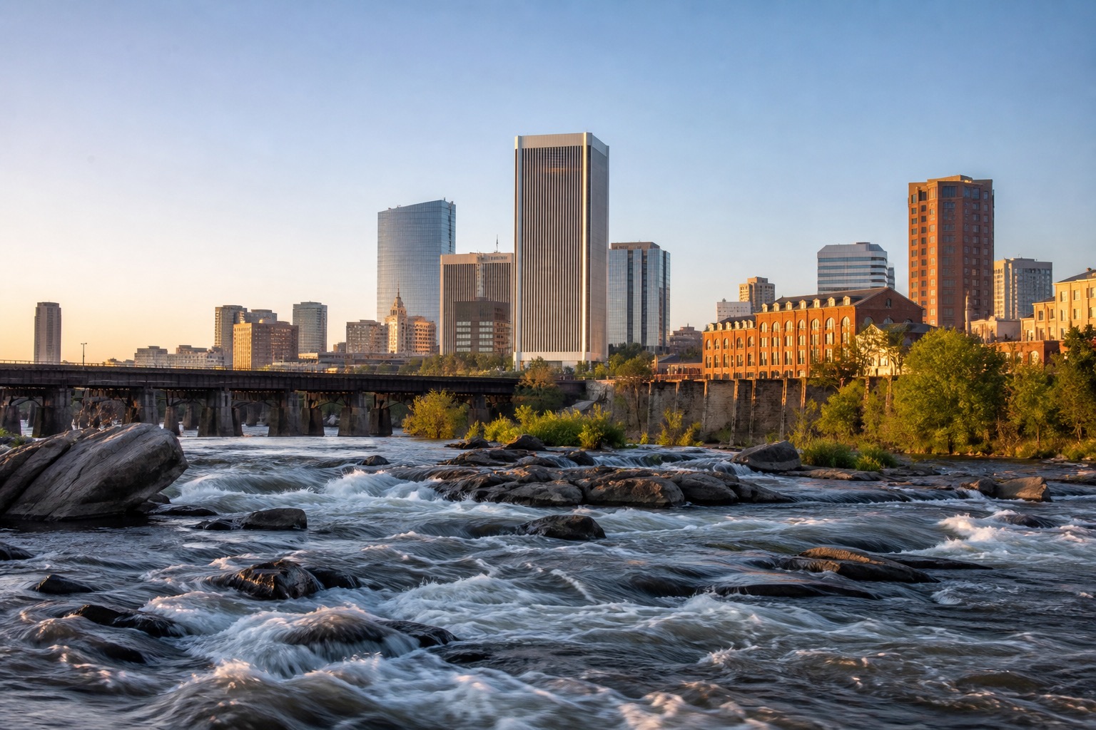 Richmond Virginia skyline and James River rapids with historic brick architecture beyond