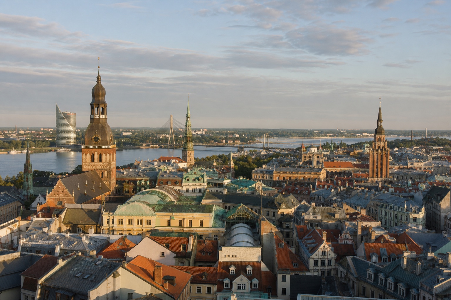Riga old-town towers, Art Nouveau facades, and the Daugava river in clear Baltic light