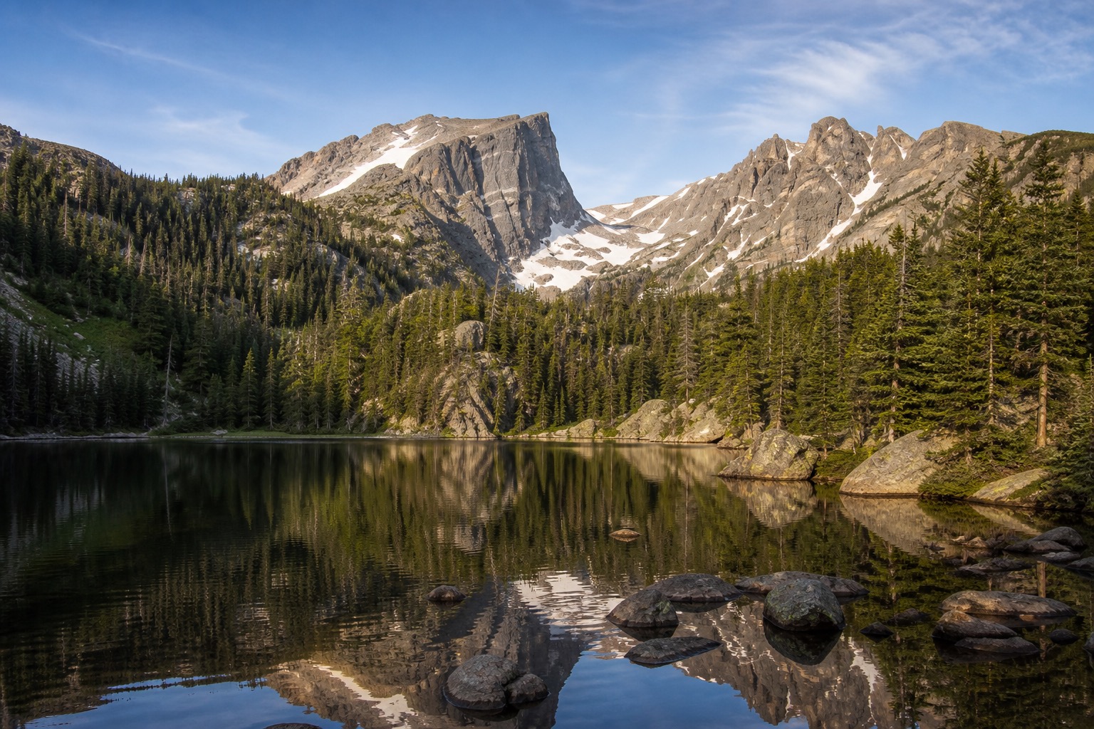 Rocky Mountain National Park alpine peaks and Bear Lake in clear early morning light