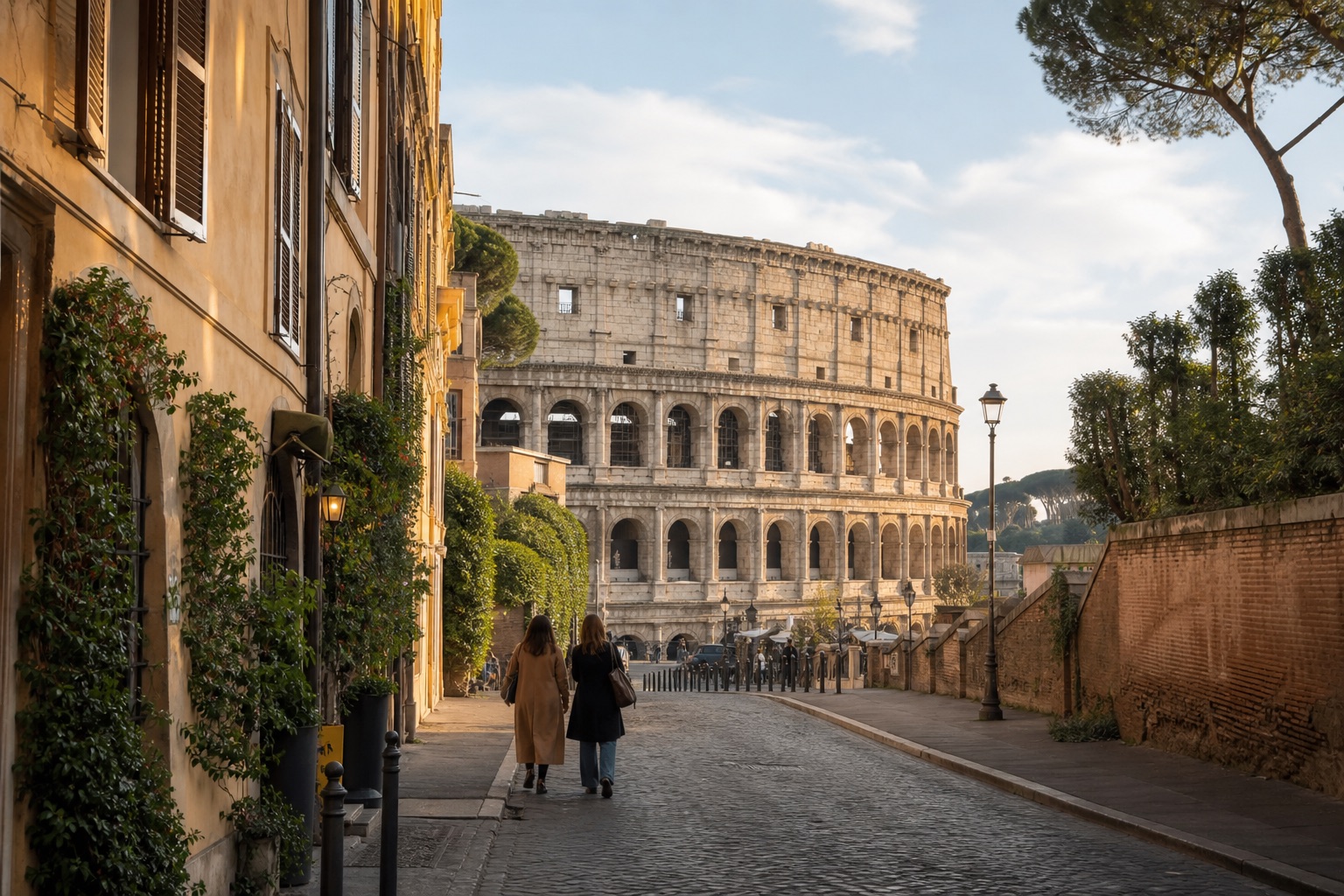 A quiet Roman street opening toward the sunlit Colosseum