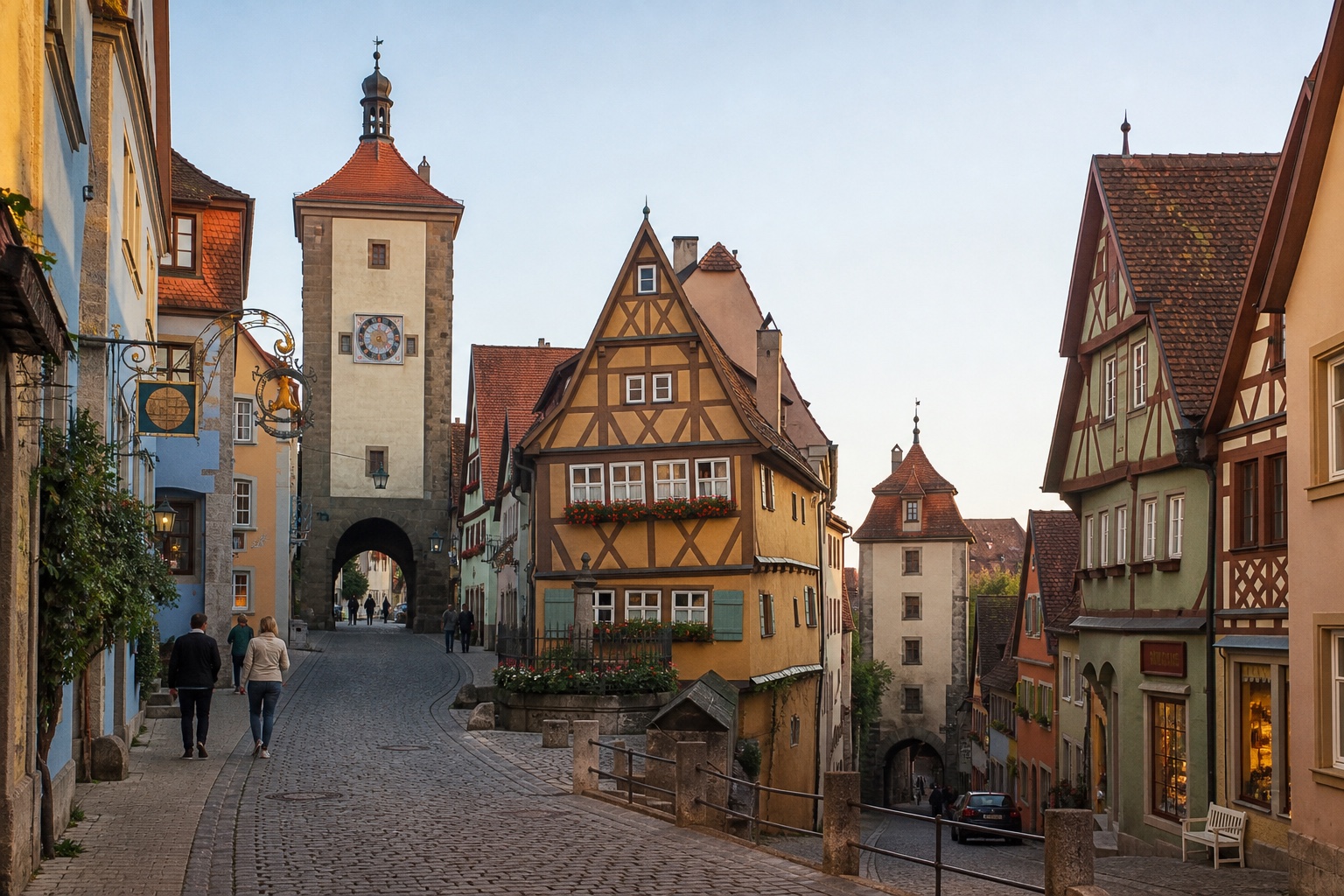 A sloping Rothenburg ob der Tauber street lined with half-timbered houses and historic tower gates in morning light
