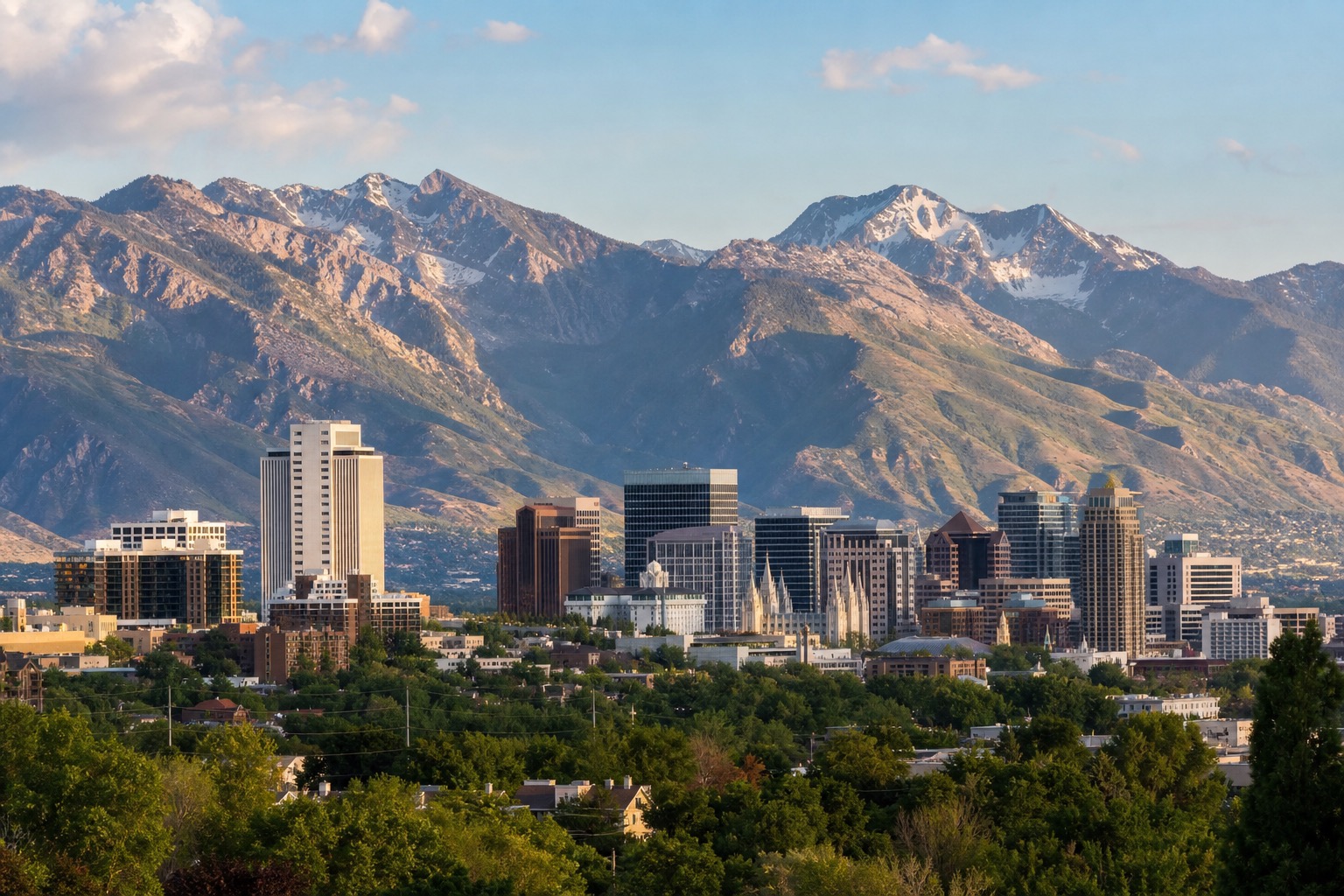 Salt Lake City skyline with the Wasatch Mountains rising behind in clear natural light