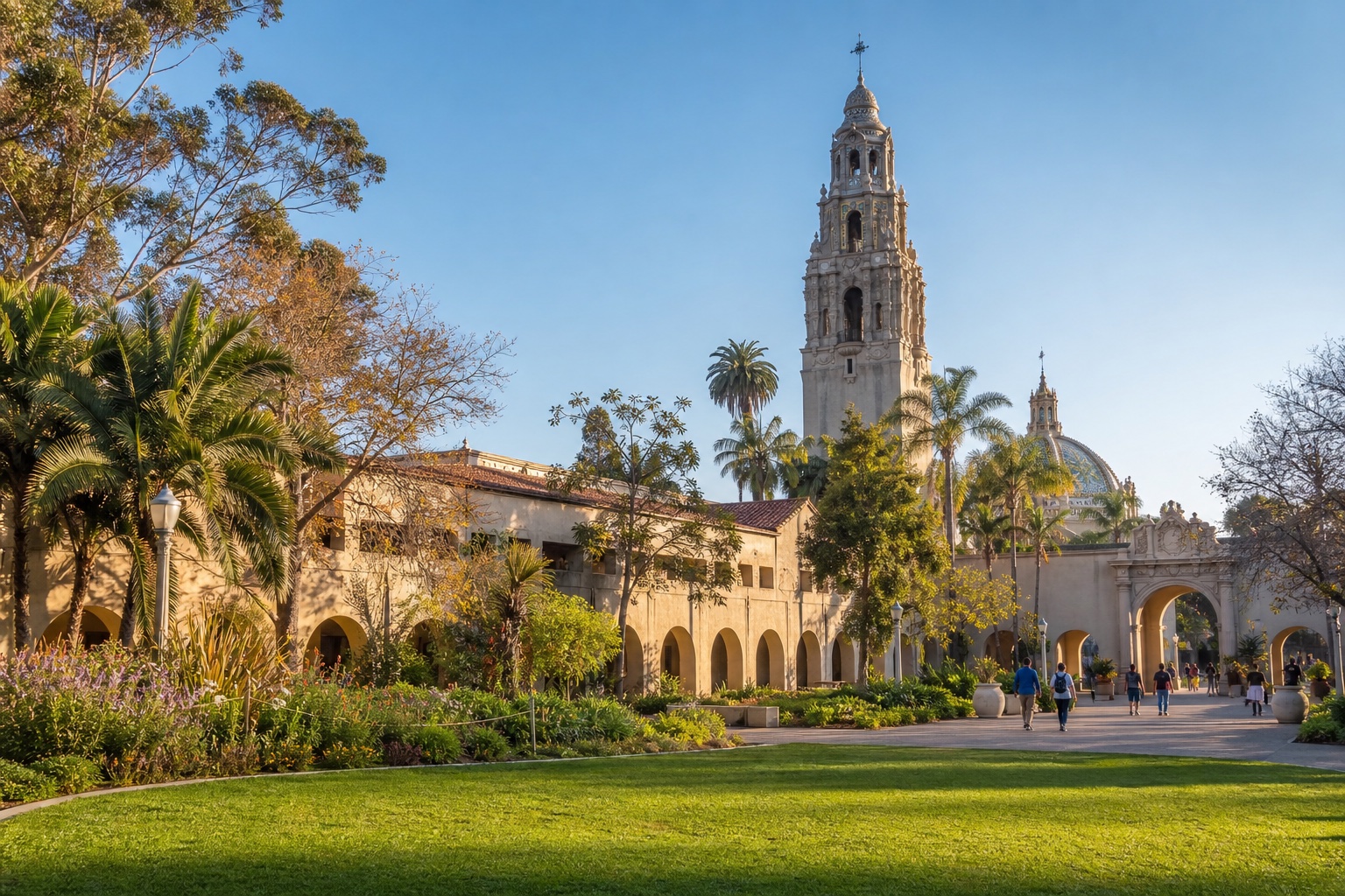 The California Tower, Spanish Colonial Revival arcades and gardens in San Diego's Balboa Park