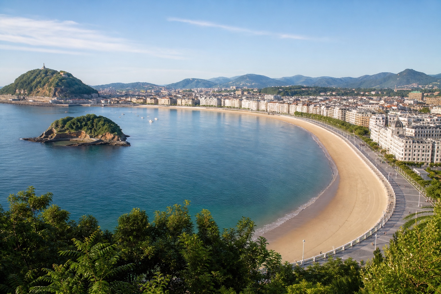 La Concha Bay curving past San Sebastián's waterfront and green hills
