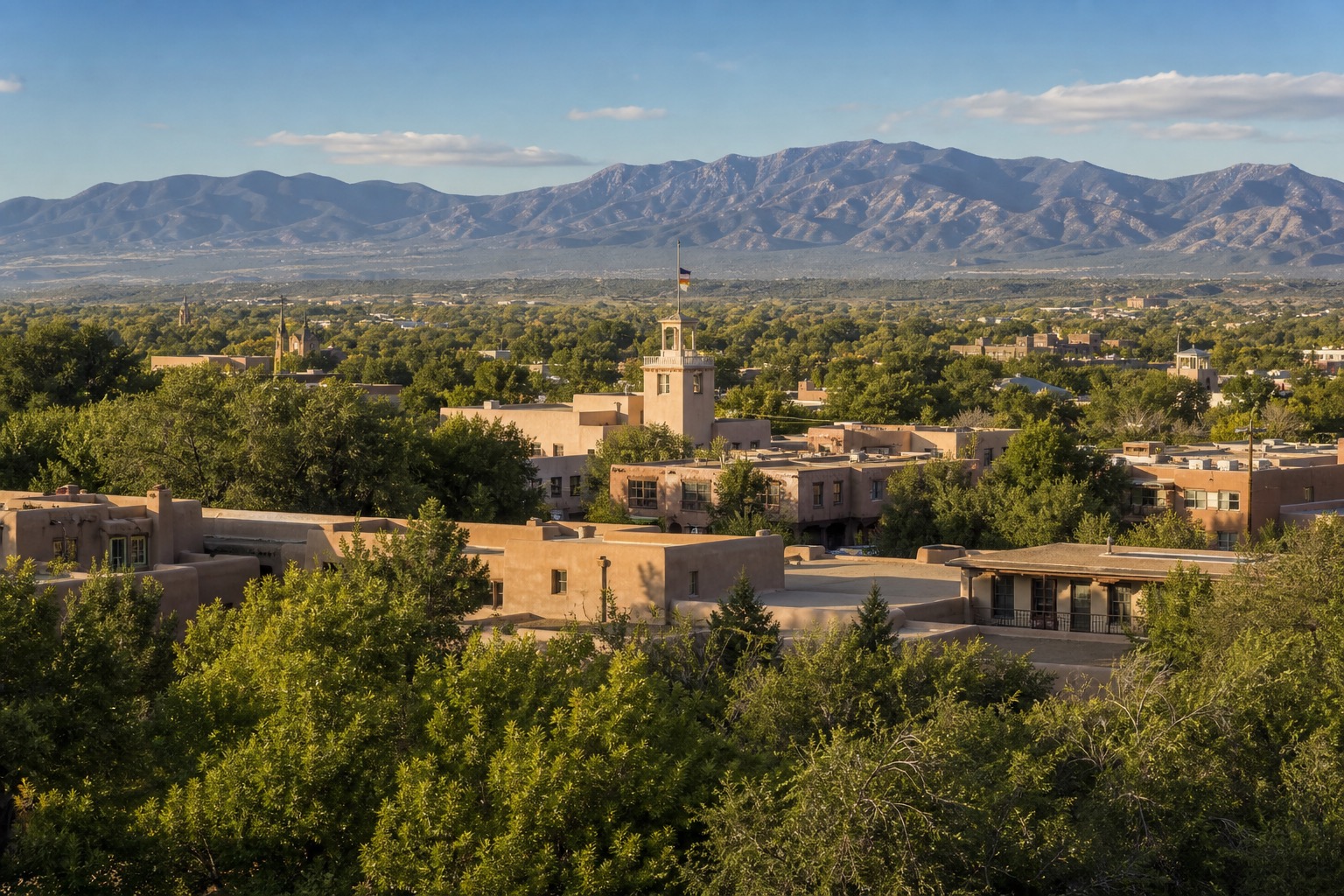 Santa Fe adobe architecture and cottonwoods beneath a bright high-desert sky