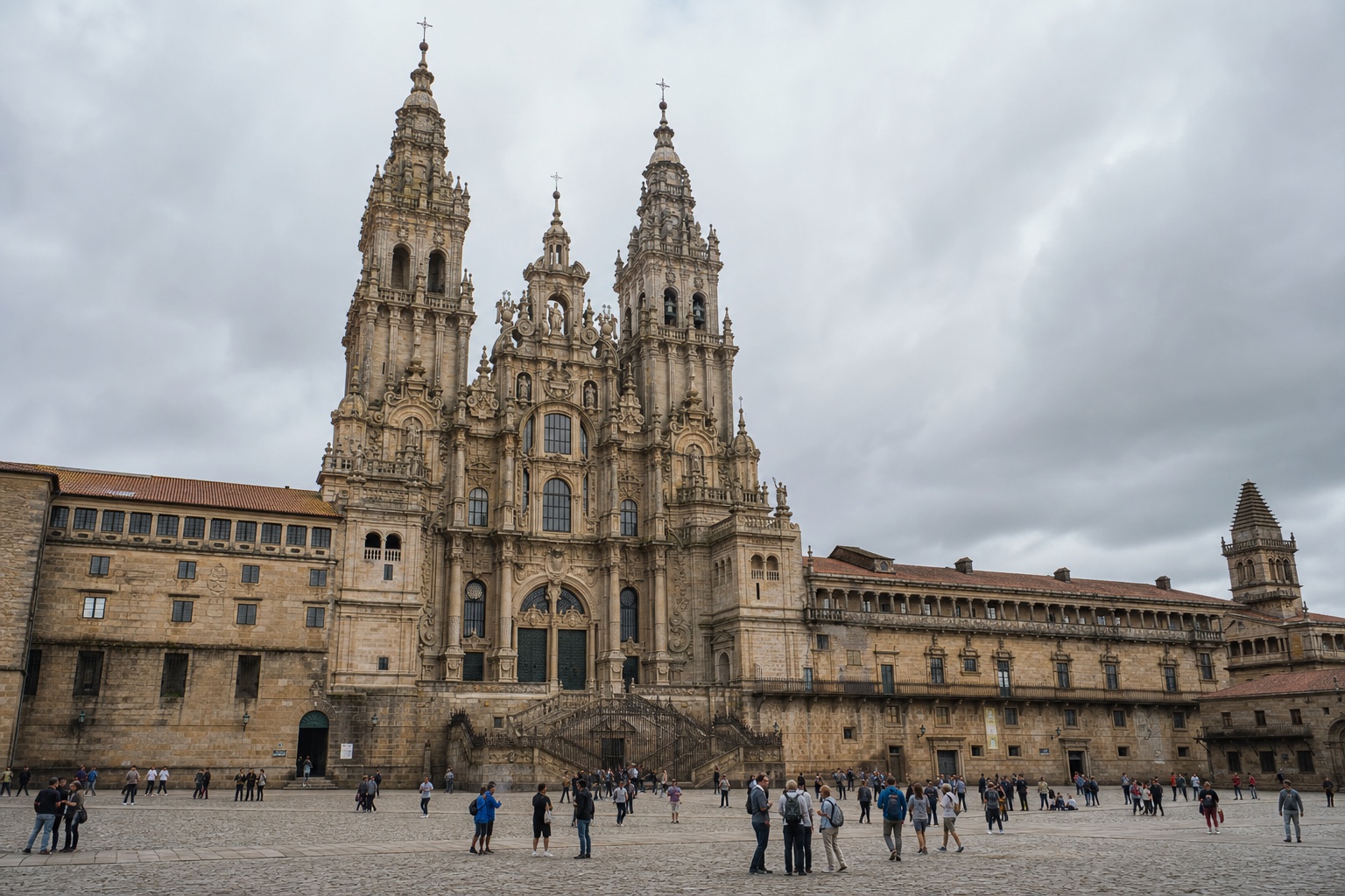 Santiago de Compostela cathedral and Obradoiro square with pilgrims and residents under soft Galician light